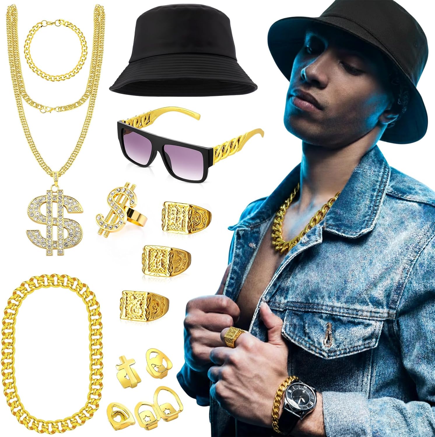 13 Pcs 80s 90s Hip Hop Costume Kit Rapper Accessories Outfits, Gold Grills Tooth Cap Fake Gold Chain Dollar Sign Chain Ring Punk Sunglasses Bucket Hat for Men Women Halloween Cosplay Party - Image 2