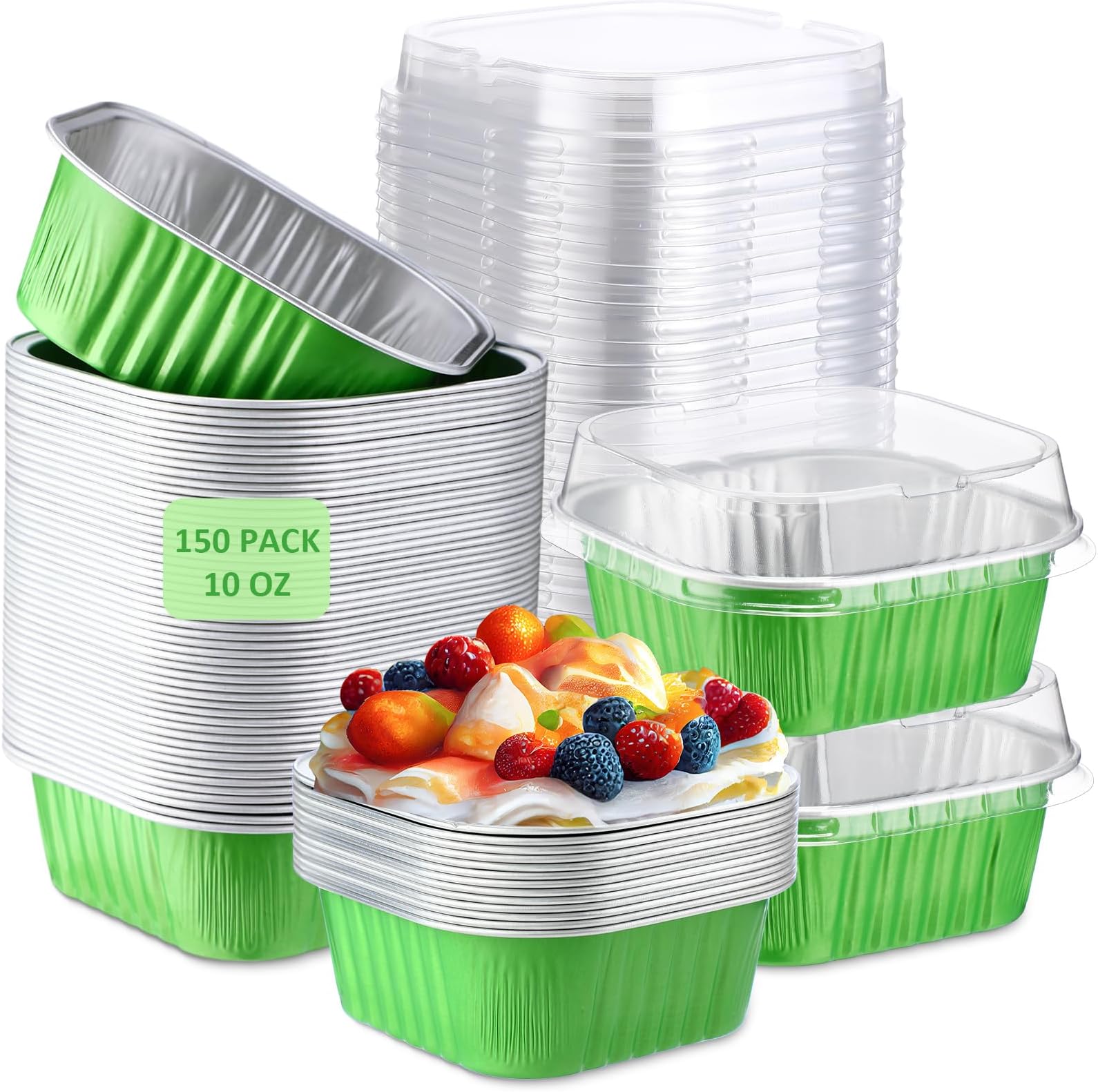 Aoriher 150 Pieces 10 oz Mini Cake Pans with Lids Aluminum Foil Baking Cups Square Disposable 4" x 4" Large Cupcake Cups Baking Tins for Kitchen Brownie Pudding Desserts Holders(Green)