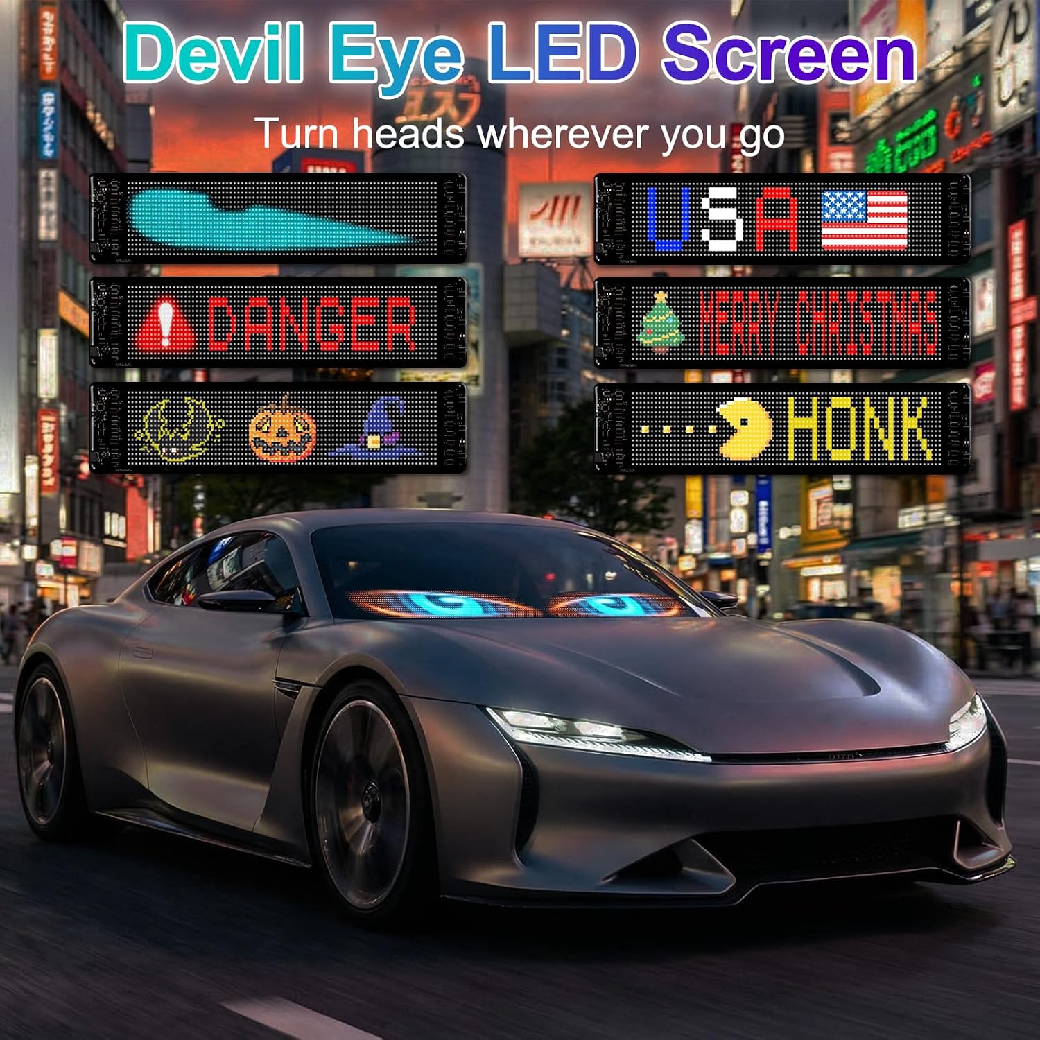 1 Pack Flexible Screen LED Eyes for Car Windshield, 23.23x4.72 In LED Flexible Silicone Accent Lights, 16x96 Pixel RGB,USB Powered Programmable Display with APP & Remote for Vehicle & Event Decoration