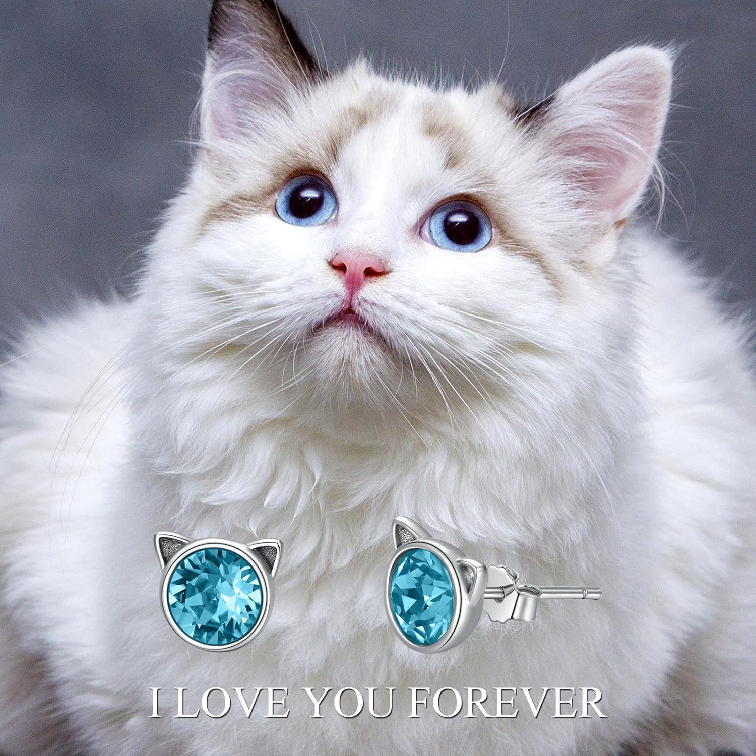 AOBOCO Cat Earrings 925 Sterling Silver 12 Birthstones Earrings for Women Hypoallergenic Studs