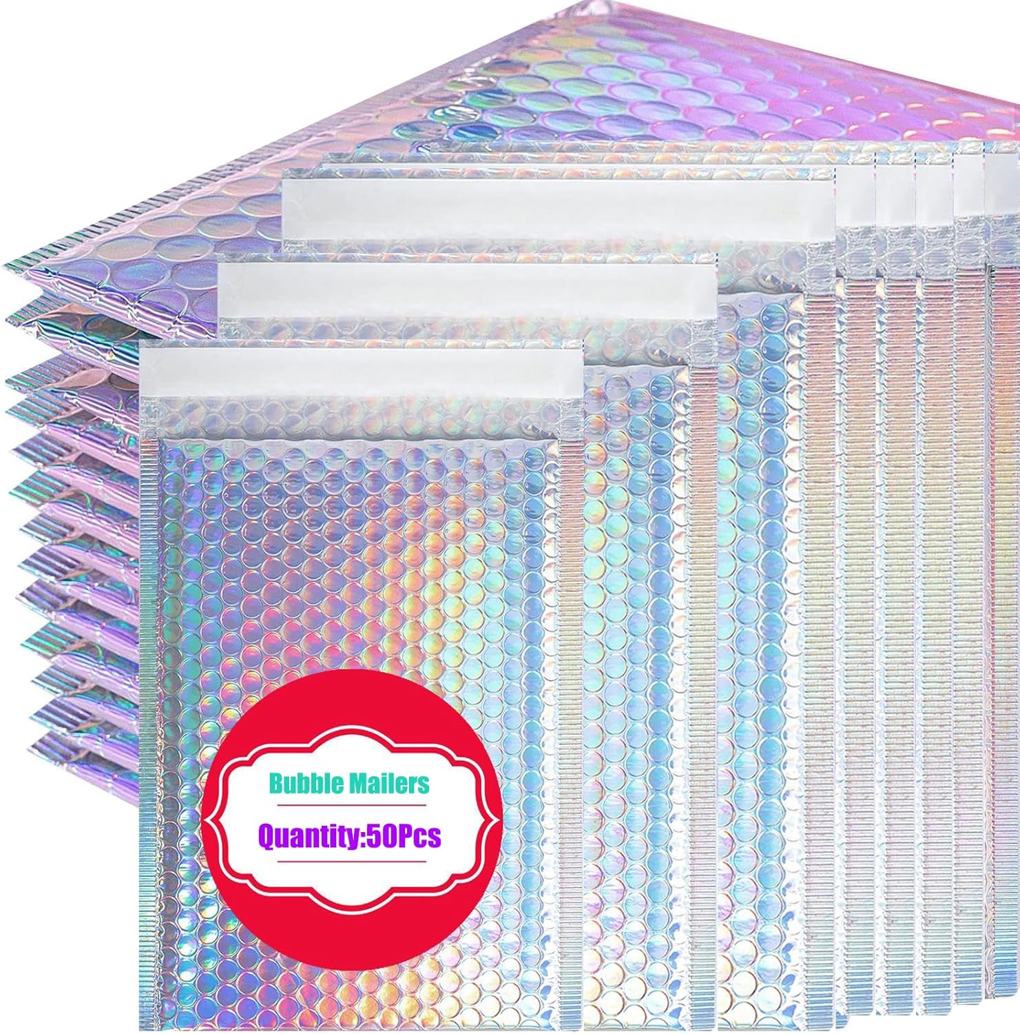 50 PCS Metallic Bubble Mailers,Poly Padded Envelopes,Holographic Bubble Mailers,Waterproof Shipping Bags,Self Seal Foil Glitter Glamour Cushion Envelopes for Mailing,Packing,Small Business