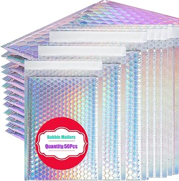50 PCS Metallic Bubble Mailers,Poly Padded Envelopes,Holographic Bubble Mailers,Waterproof Shipping Bags,Self Seal Foil Glitter Glamour Cushion Envelopes for Mailing,Packing,Small Business