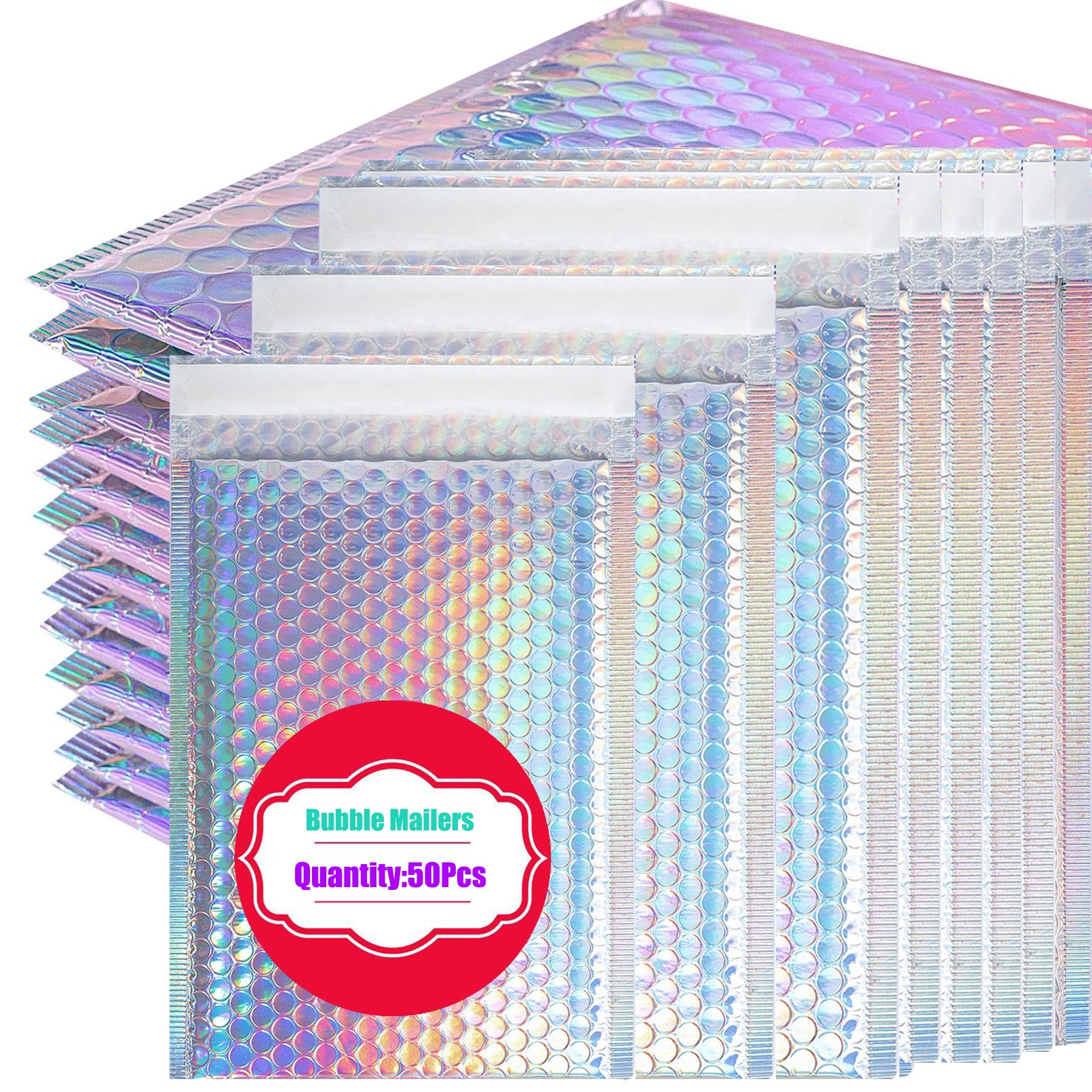 50 Stück metallische Luftpolsterumschläge, Poly-gepolsterte Umschläge, holografische Luftpolster-Versandtaschen, wasserdichte Versandtaschen, selbstklebende Folie, Glitzer,