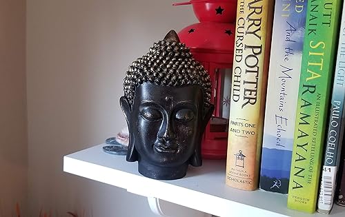 RK Collections Estatua de cabeza de busto de Buda meditante de 6 pulgadas en negro elegante con acabado bronceado. Estatua premium hecha de polvo de