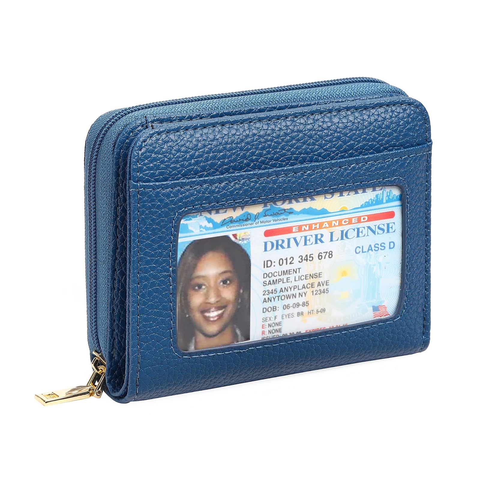 GOIACII Small Wallet for Women RFID Blocking Credit Card Holder Ladies Compact Purse Zip Around Wristlet Vegan Leather Blue