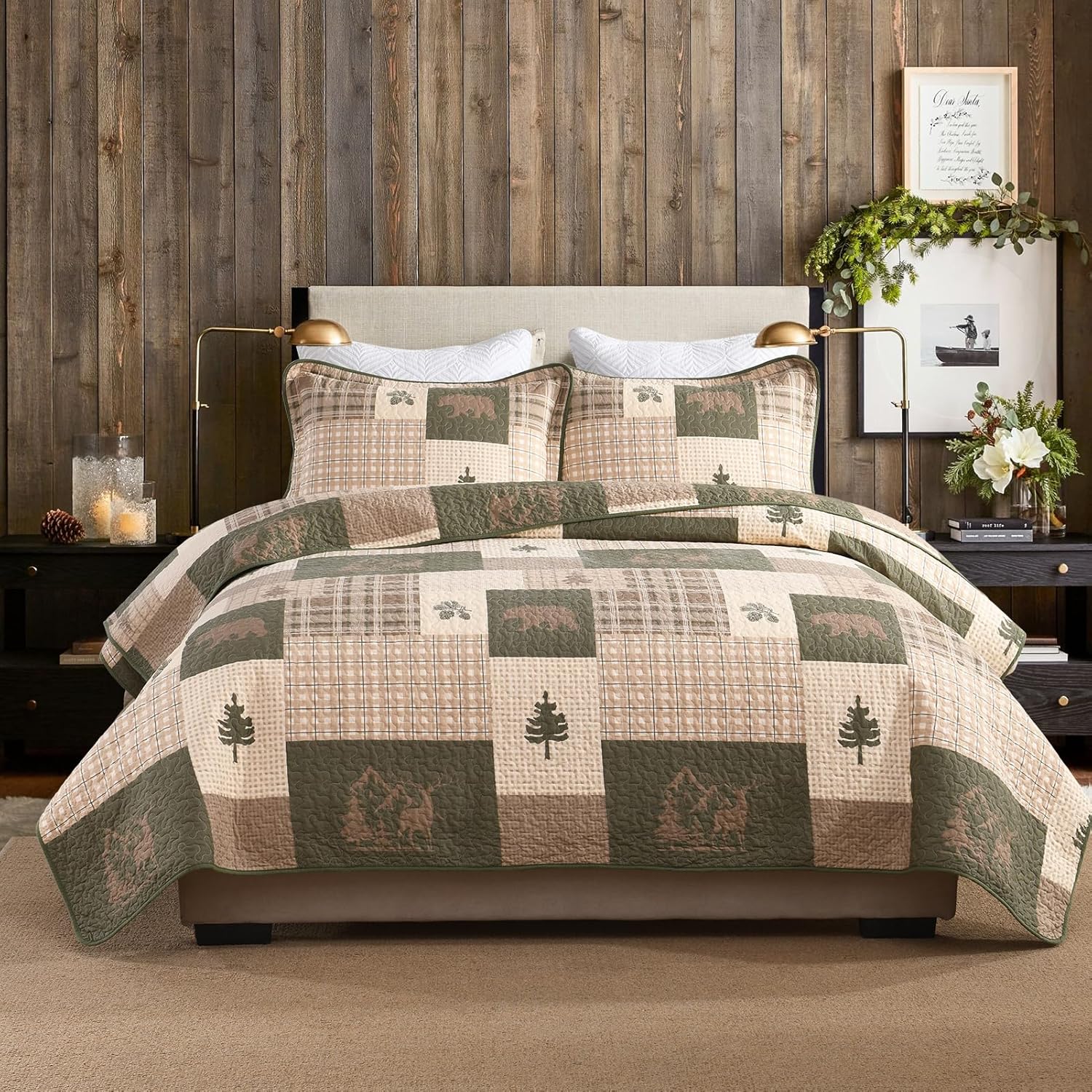 Cabin Plaid Quilt King Size - King Quilt Set, 100% Cotton King Quilt Bedding Bedspreads, Lightweight Bear Forest Tree Deer Patchwork Comforter Set, Brown/Grayish Green/Beige, 3 Piece