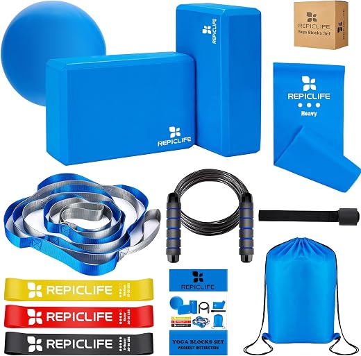 Yoga Set,12 Yoga Accessories, Yoga Blocks 2 Pack with Strap,1 Mini Yoga Ball,3 Resistance Loop Bands,1 Resistance Band,1 Door Anchor,1 Jump Rope,Gym Bag & Manual for Yoga, Pilates, Stretching