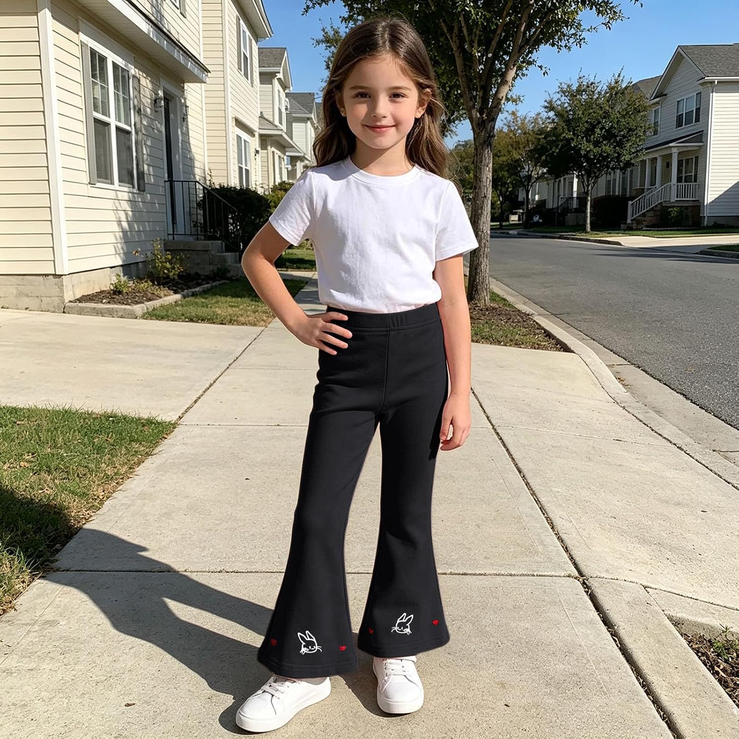 Oplxuo Girls Flare Sweatpants Elastic Waist Cartoon Embroidery Bottoms