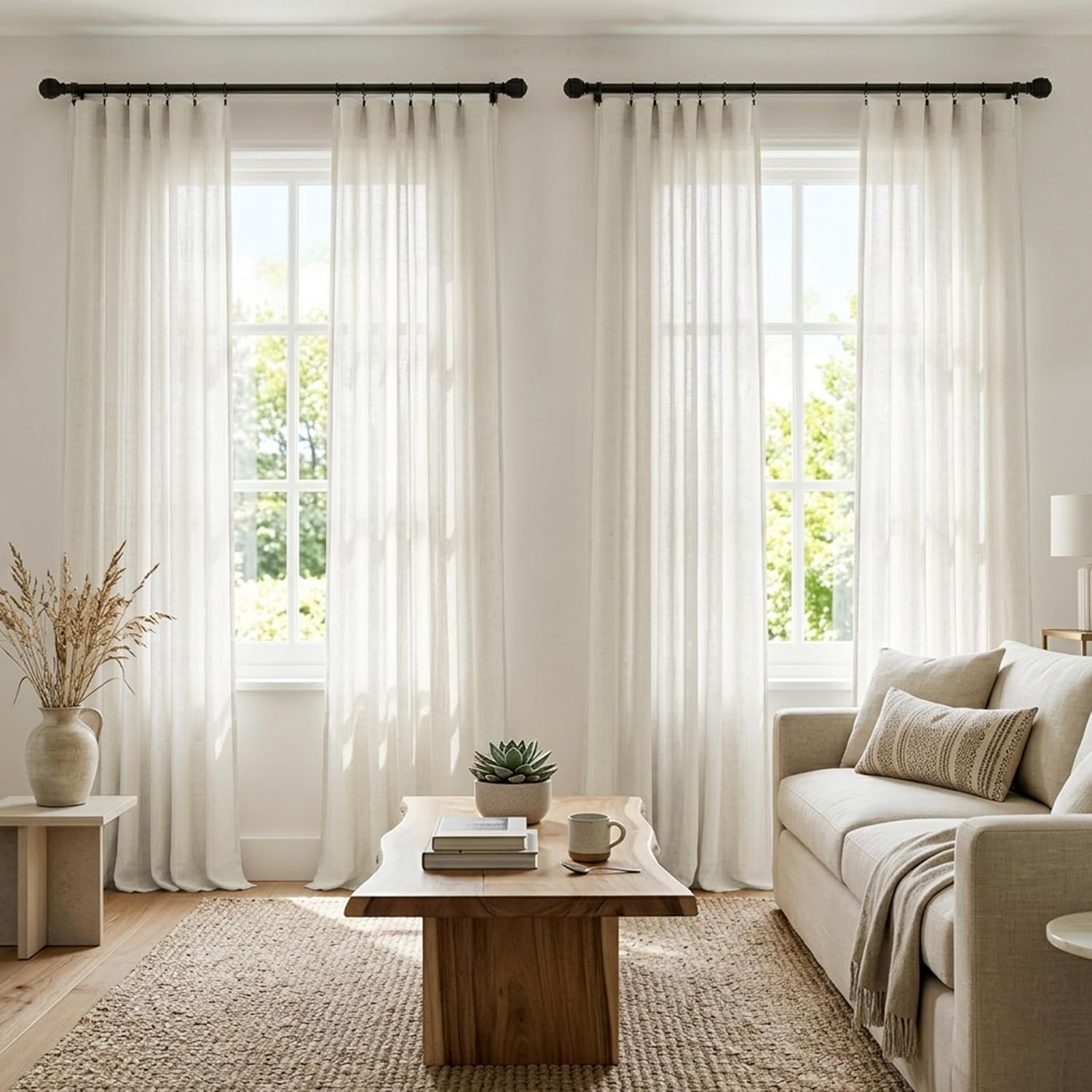 Natural Linen Curtains Effortless Rod Pocket, Cream Colored Rustic Country Farmhouse Curtains for Living Room, Semi Sheer Light Filtering Privacy Cotton Curtains for Bedroom, 84 Inch Long