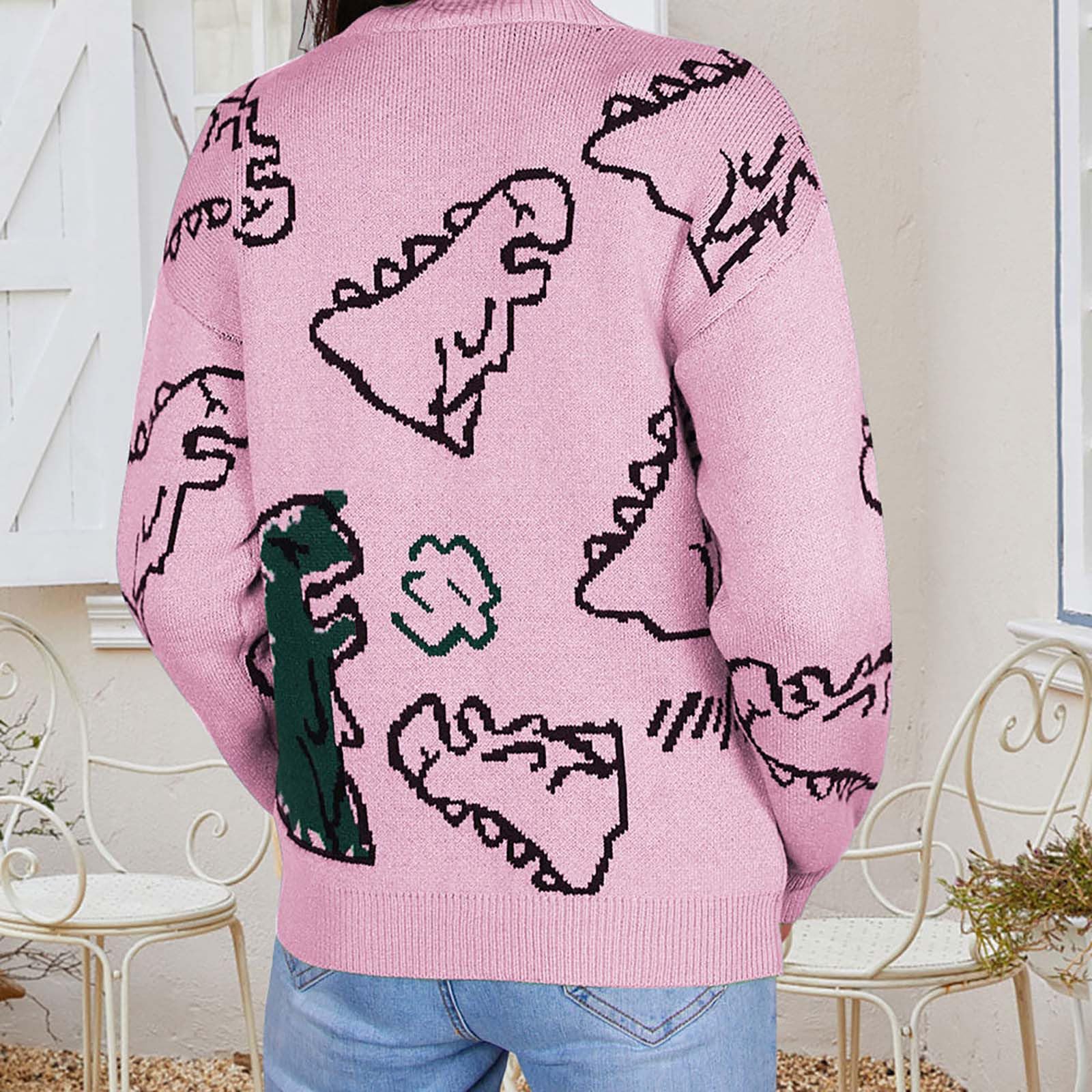 Damen-Strickpullover mit Dinosaurier-Aufdruck, übergroßer Pullover, Preppy-E-Girl-Streetwear Strickpullover Rollkragen Strickpullover Oversized Damen