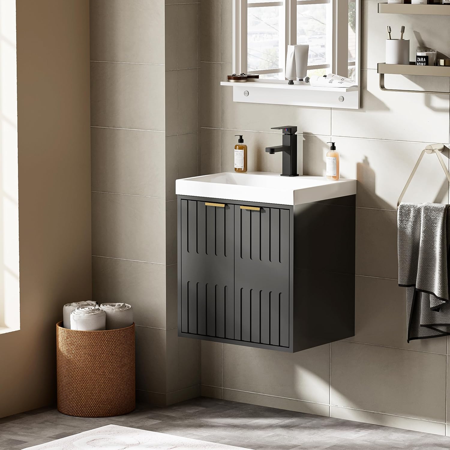 eclife 20" Floating Bathroom Vanity Sink Combo, Modern Wall Mounted Bathroom Cabinet with Resin Sink Top, Soft-Close Painted Door, Metal Handles, Matte Black Faucet for Small Space, Black
