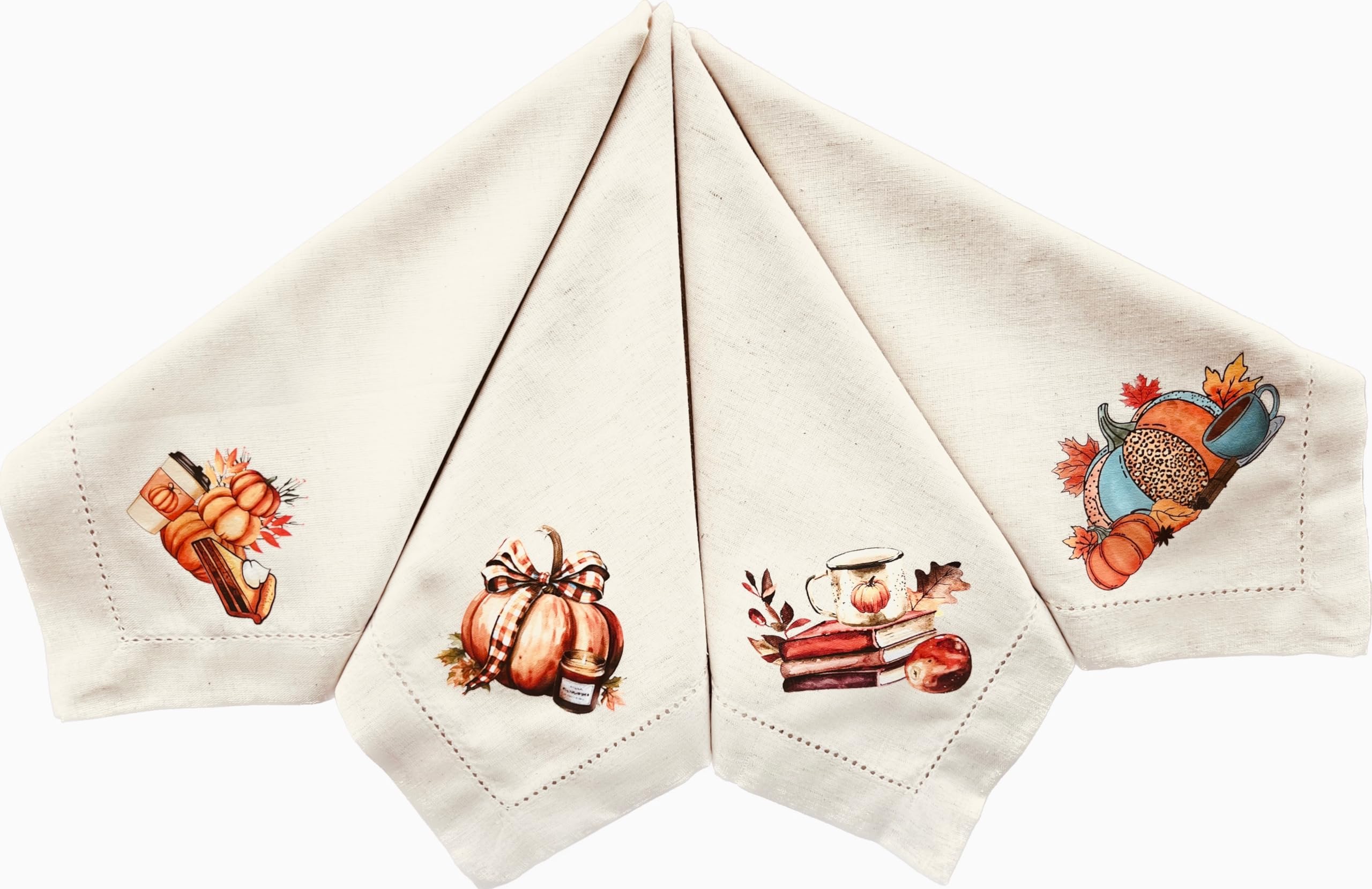 100% Cotton Flax Napkins, Fall Cloth Napkins, Thanksgiving Napkins, 20"x20" Homstitched, Hand-Crafted, Fall Digital Prints, Variety of Unique Designs, Washable and Reusable, Set of 4, Fall Gift Set