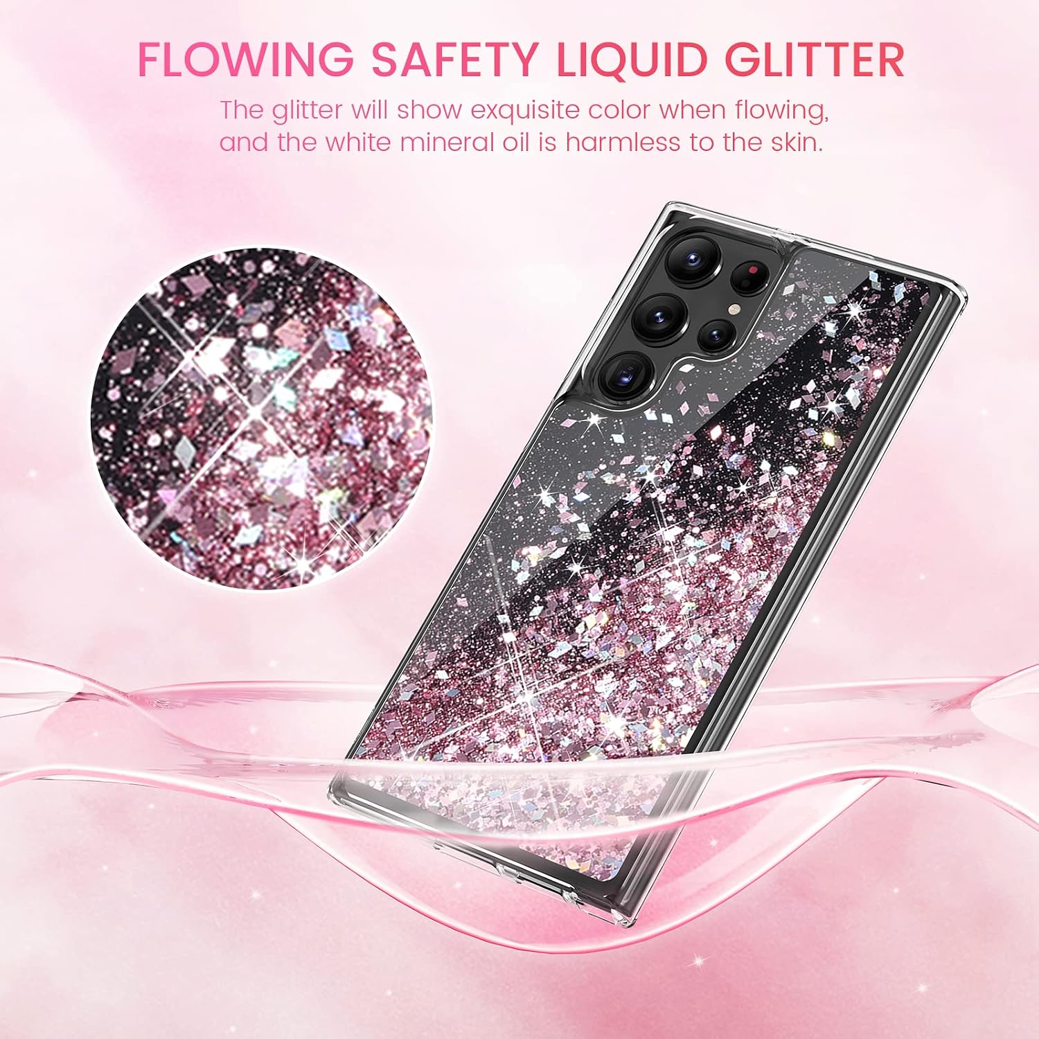 Caka Case Designed for Galaxy S22 Ultra Glitter Case, Samsung S22 Ultra 5G Phone Case Sparkle Bling Girly Floating Pink Case for Women Girls Case Cover for Samsung Galaxy S22 Ultra, Black Rose Gold