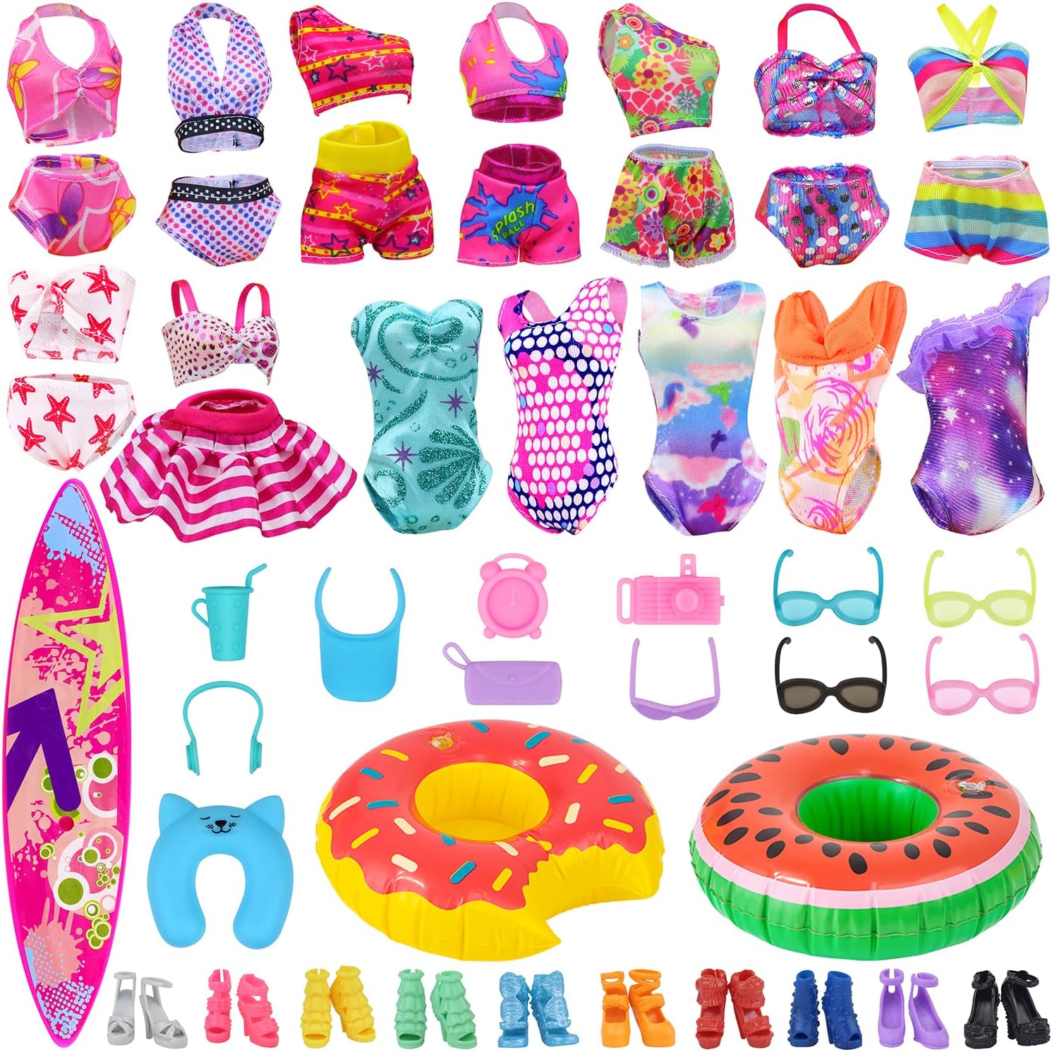 Ecore Fun 35 Pcs 11.5 Inch Doll Clothes Swimwear Beach Accessories Set | Bikini Swimsuits, Swim Rings, Glasses, Shoes, Surfboard, Beach Toys, Fits Most 11.5" Dolls, Ages 3+, Doll Not Included