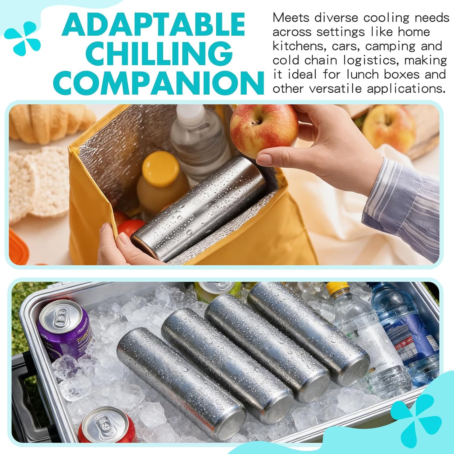 Honeydak 4 Pcs Stainless Steel Ice Packs for Lunch Boxes Travel Reusable Freezer Packs 304 Food Grade Metal Cooling Cube for Bag Cooler Bento Box Camping, No Water Needed