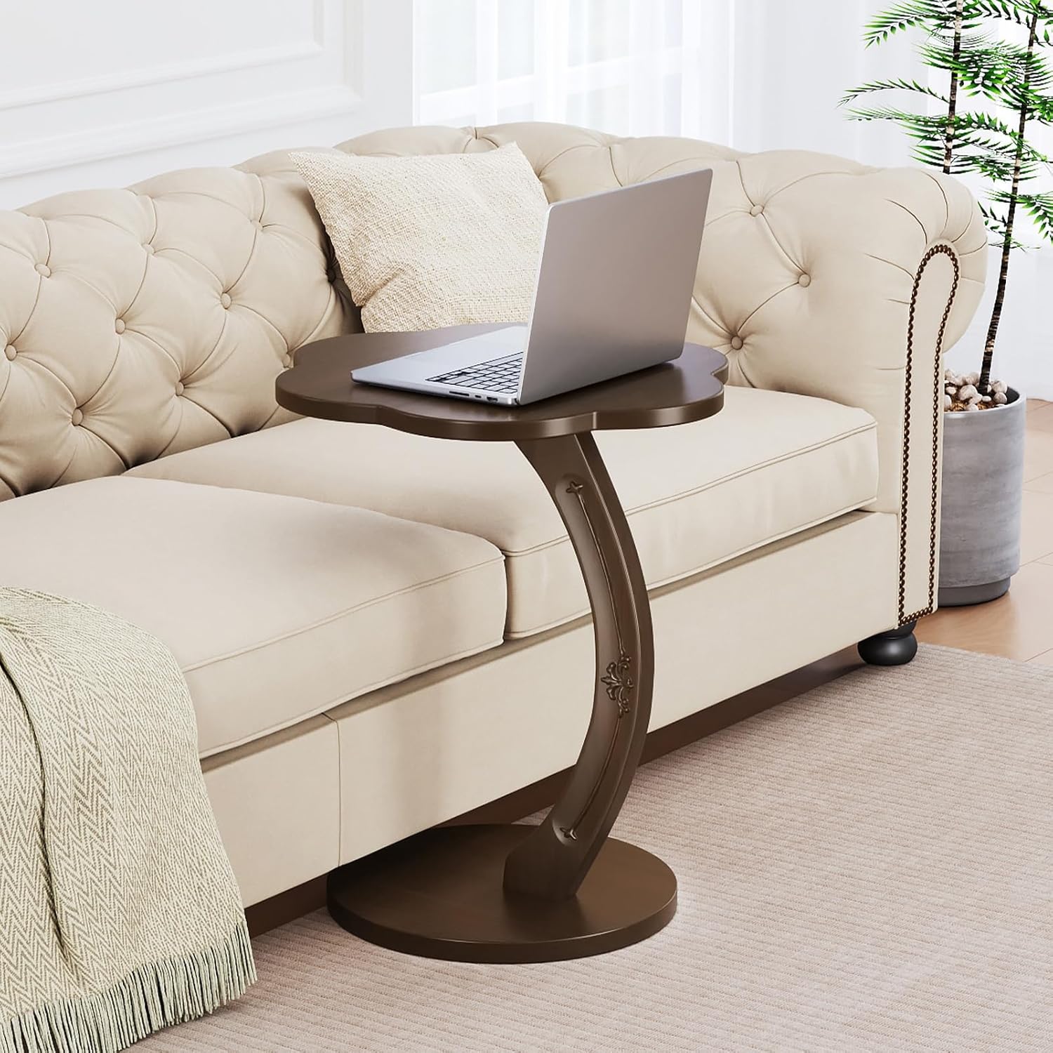 Round C-Shaped Side Table - Small C Shaped End Table for Couch/Sofa, Wood Couch Tables That Slide Under Beside, Space Saving Tables Tray for Living Room, Bedroom, Small Space (Dark Walnut)