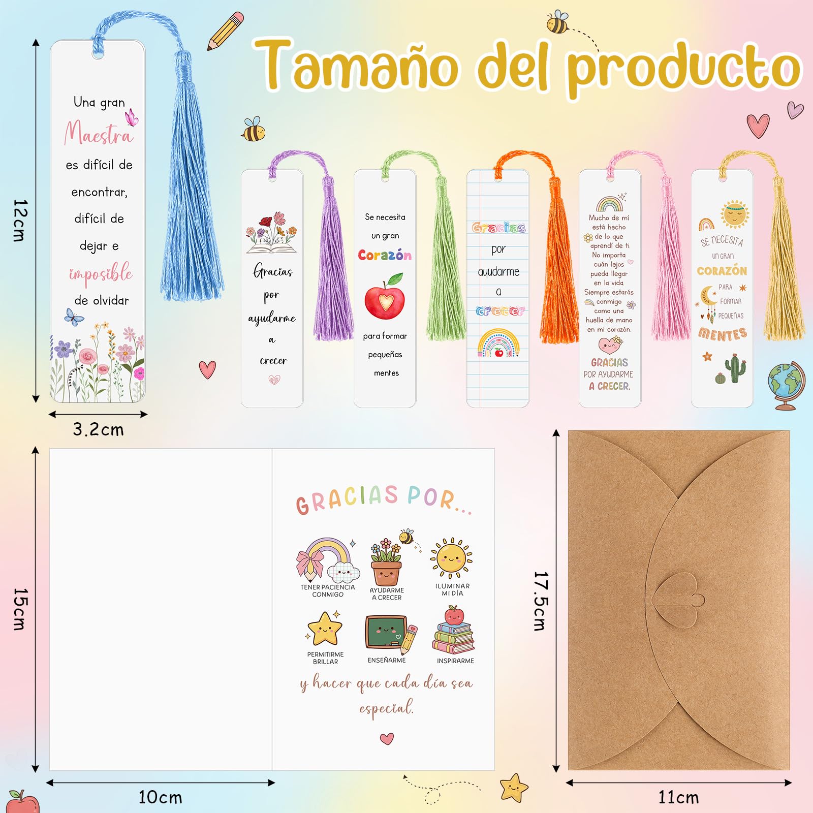 Tenare 6 Sets Regalos para Maestra Graduación Marcapáginas Profesor Tarjetas de Regalo Sobres Agradecimiento