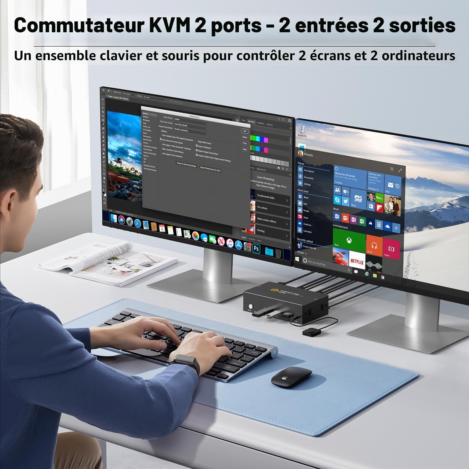 Commutateur KVM HDMI 8K@60Hz 2 PC 2 Moniteurs, Switch KVM USB 3.0 4K@240Hz | 3 Ports USB-A + 1 Port USB-C, Partage Clavier Souris Imprimante et Disque U, Mode Extension et Copie, Contrôleur Inclus