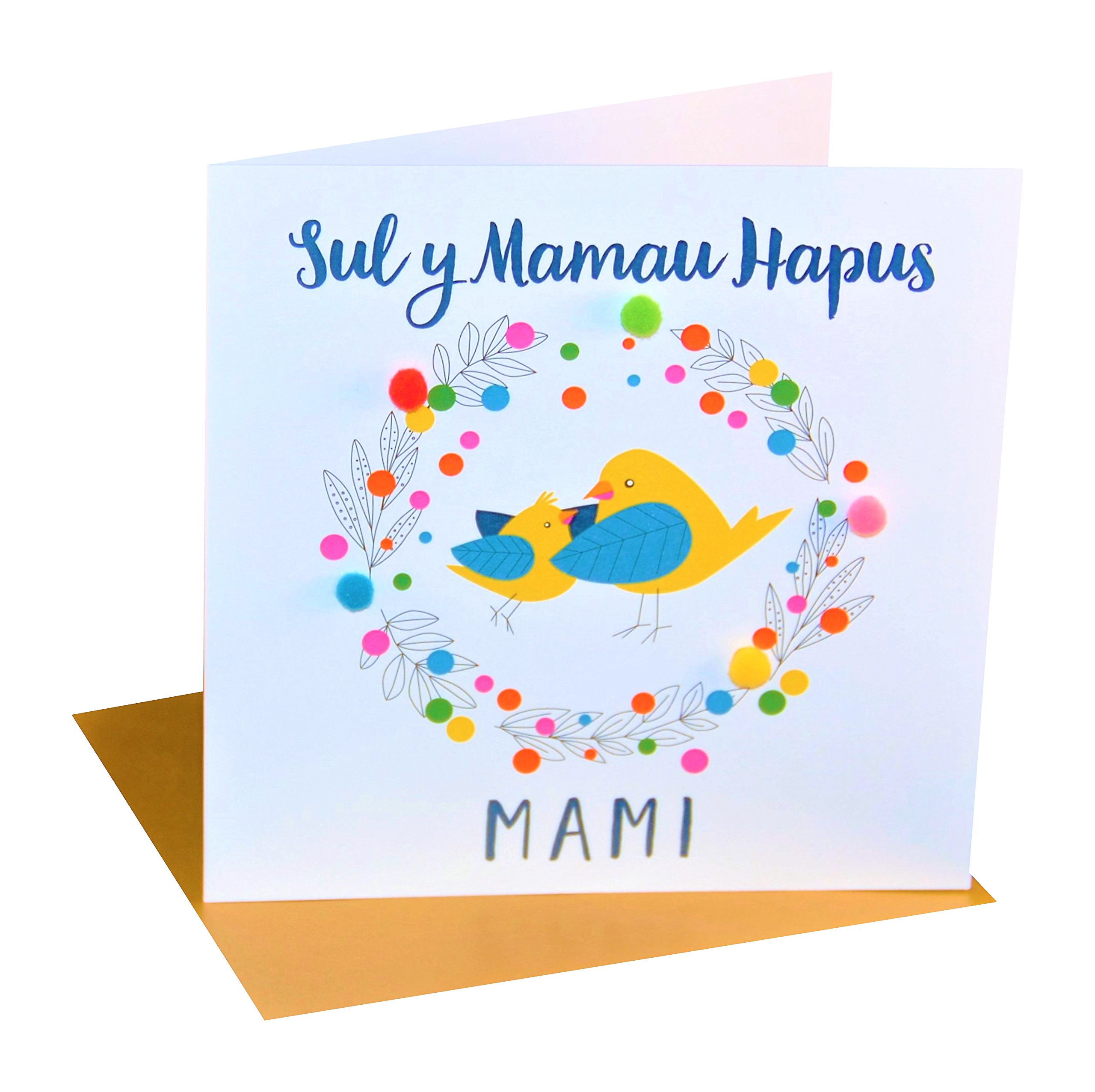 Claire Giles Greeting Cards, Welsh Happy Mother's Day Mammy Card, Sul y Mamau Hapus, Mami, Mummy Bird Design, Greeting Card Embellished with Pompoms