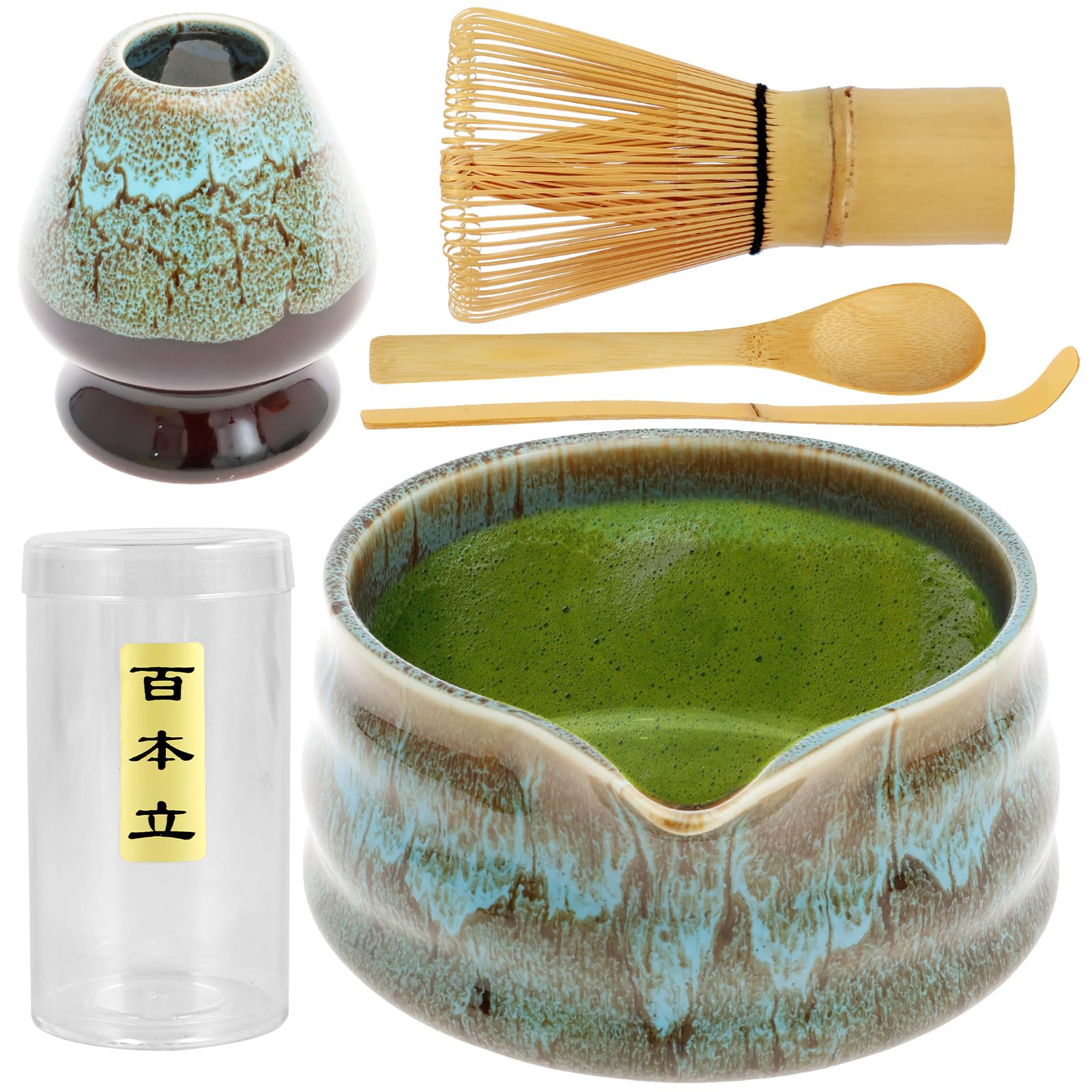 Lot de 5 accessoires à matcha avec pelle, mélangeur et support, bol à matcha en céramique, pour la préparation du matcha, bleu