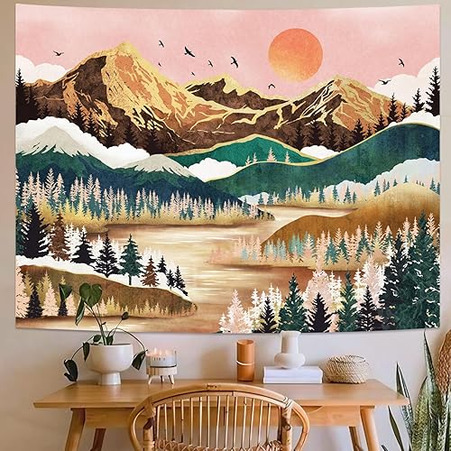 Miniatura 3 de Neasow Tapiz de montaña, bosque natural, árbol, lago, paisaje, tapices, puesta de sol, decoración de pared naranja y verde para el hogar,