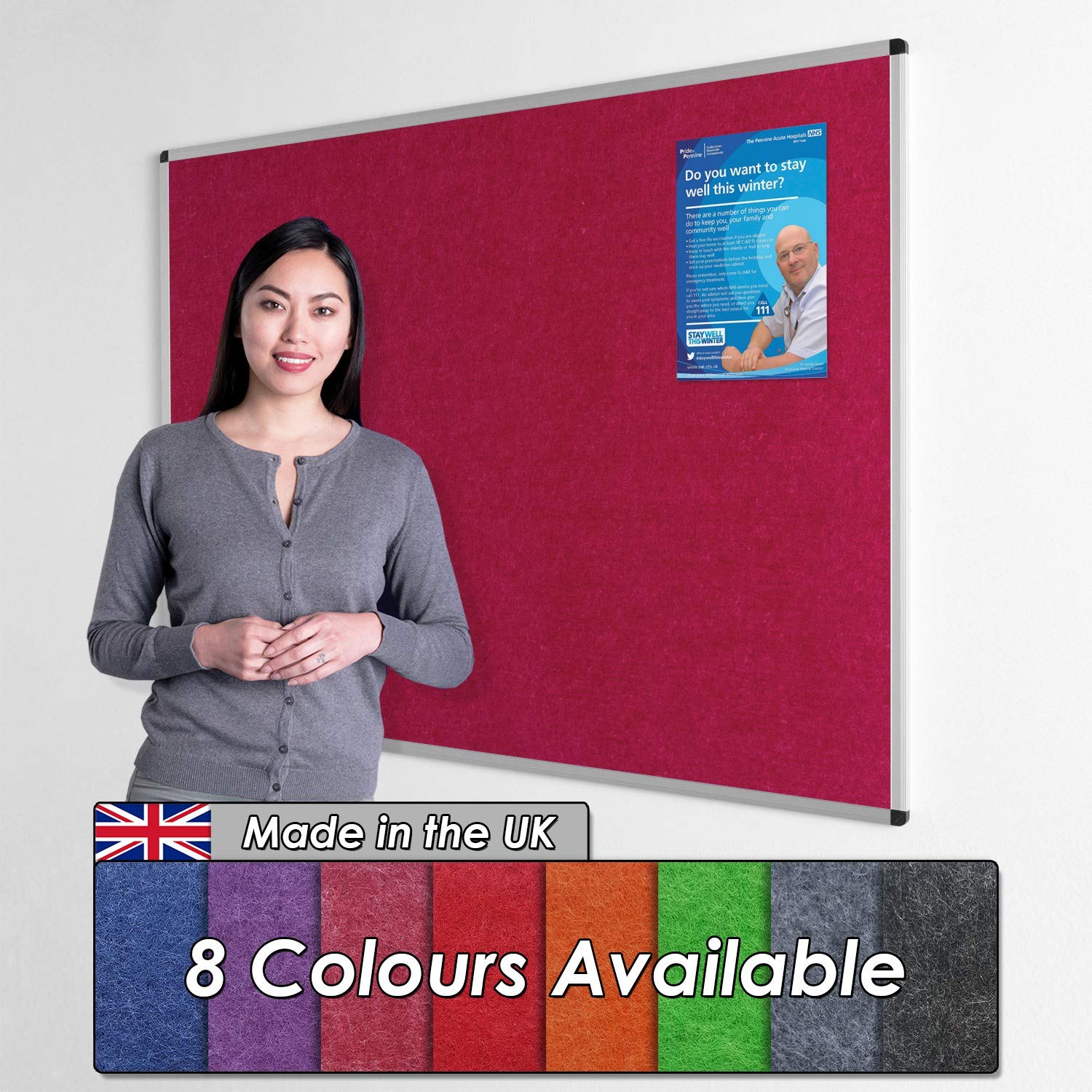 Wonderwall Fully Fire Retardant Notice Board, Magenta Display Pinboard,120 x 90 cm - Aluminium Frame - Concealed wall-Mounted with Fixings, 8 Colours to Choose from- Ideal for Office,School, Displays