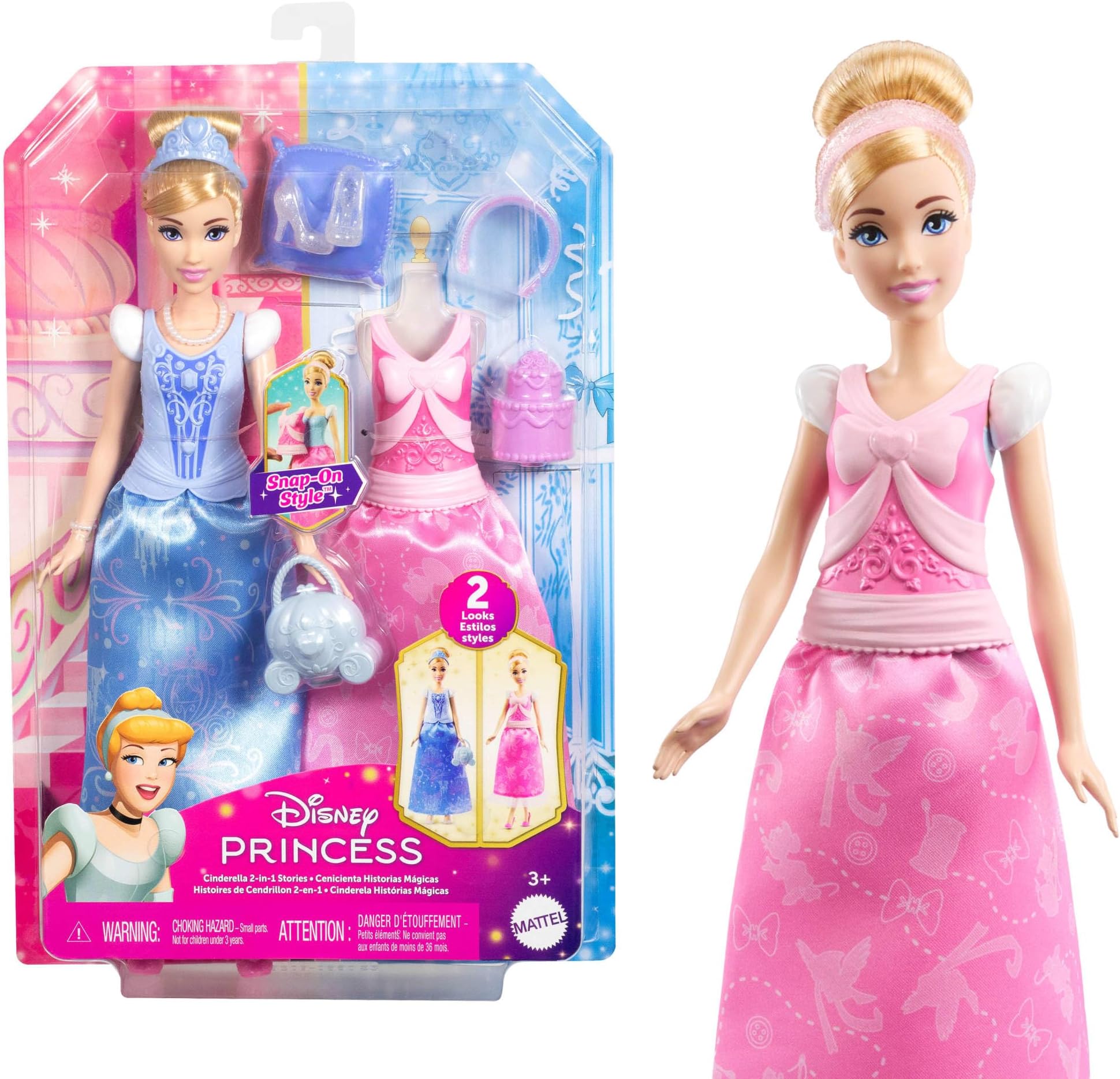 Disney Princess 2-in-1 Stories Cinderella Fashion Doll with 2 Snap-On Bodices, 2 Skirts & 9 Accessories