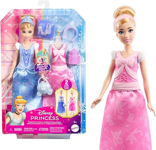 Mattel Disney Princess Toys, Cinderella Fashion Doll with 2 Looks, 9 Accessories, 2 Snap-On Bodices & 2 Skirts, 2-in-1 Stories Inspired by Disney Movie, JCR95