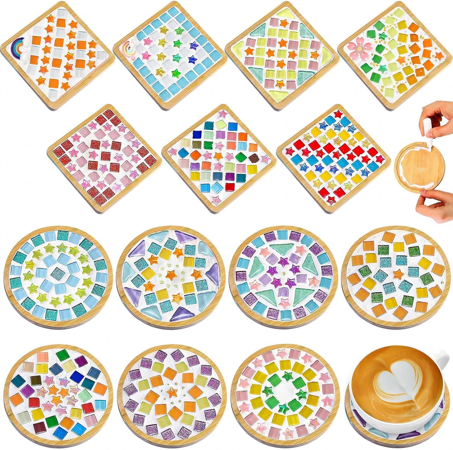 TESIN 14 Set Mosaic Coaster Kit for Adults, DIY Glass Mosaic Craft Kit
