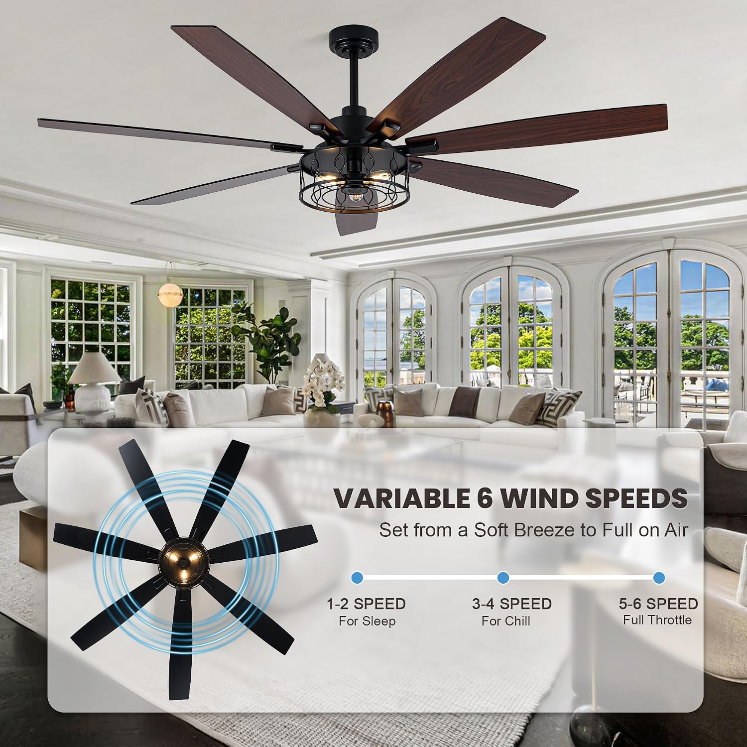 Dawn Whisper 72 Inch Farmhouse Ceiling Fans with Lights Black Industrial Caged Ceiling Fans with Remote Rustic Chandelier Fan for Living Room 6 Speed Reversible Motor and Dual Finish 7 Blades