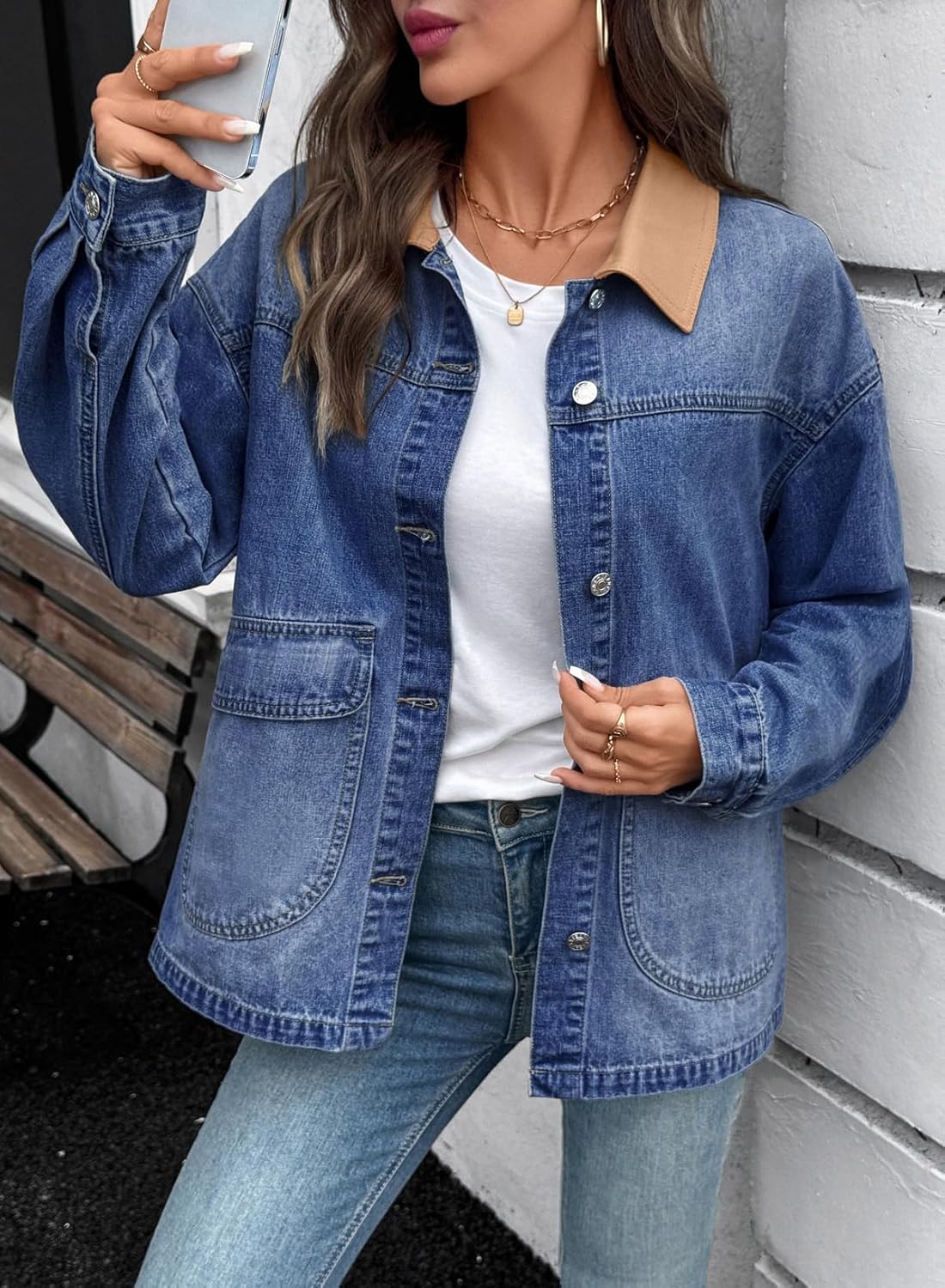 EVALESS Women's Oversized Jean Jacket Button Down Contrast Trim Barn Jackets Trendy Boyfriend Denim Jacket With Pockets - Image 5