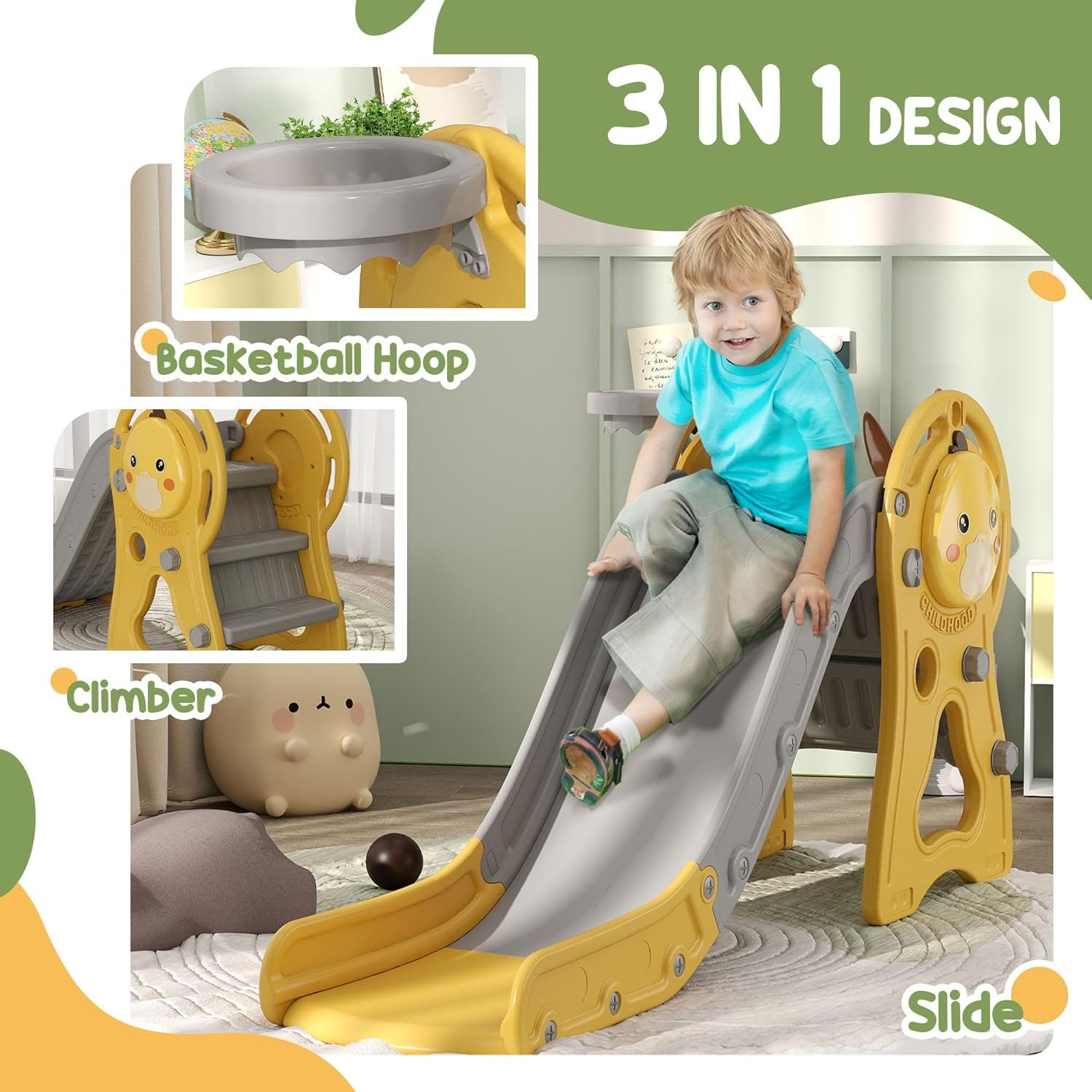3-in-1 Toddler Slide Set with Climber and Basketball Hoop