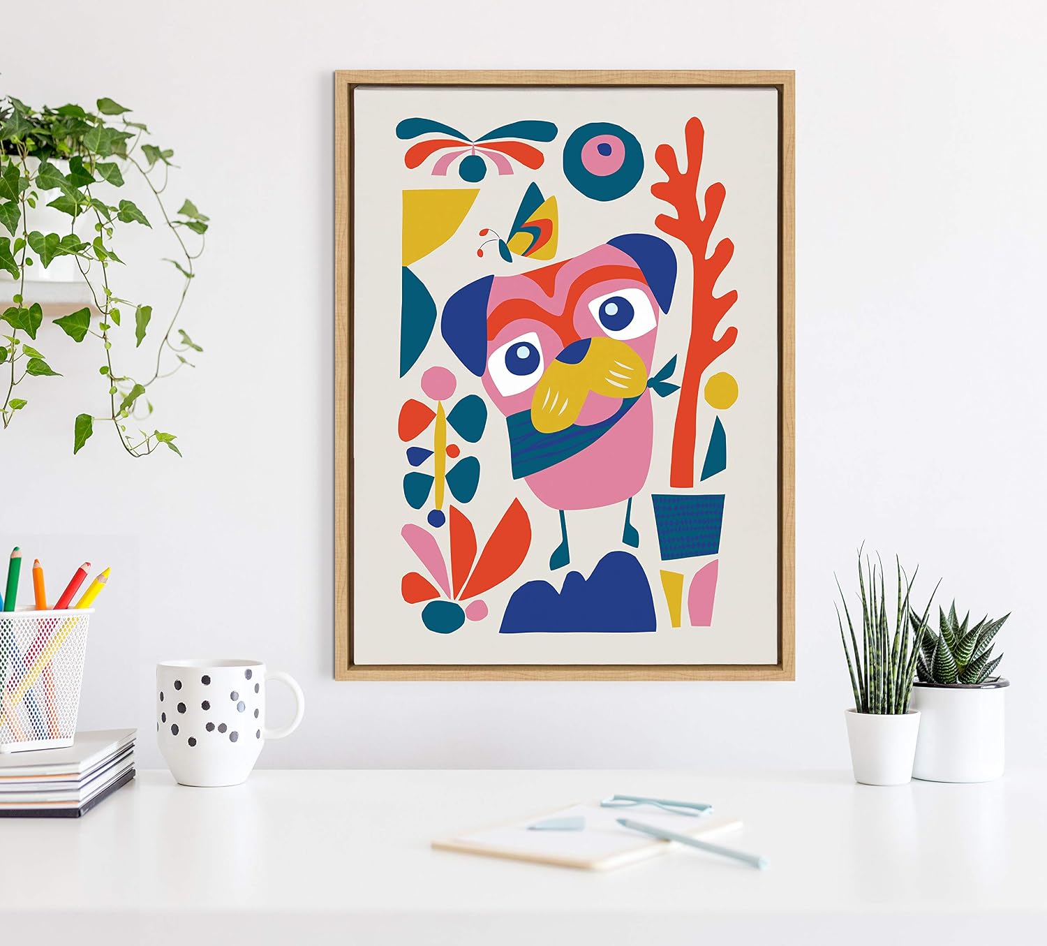 Kate and Laurel Sylvie Mid Century Modern Pug Framed Canvas Wall Art by Rachel Lee of My Dream Wall, 18x24 Natural
