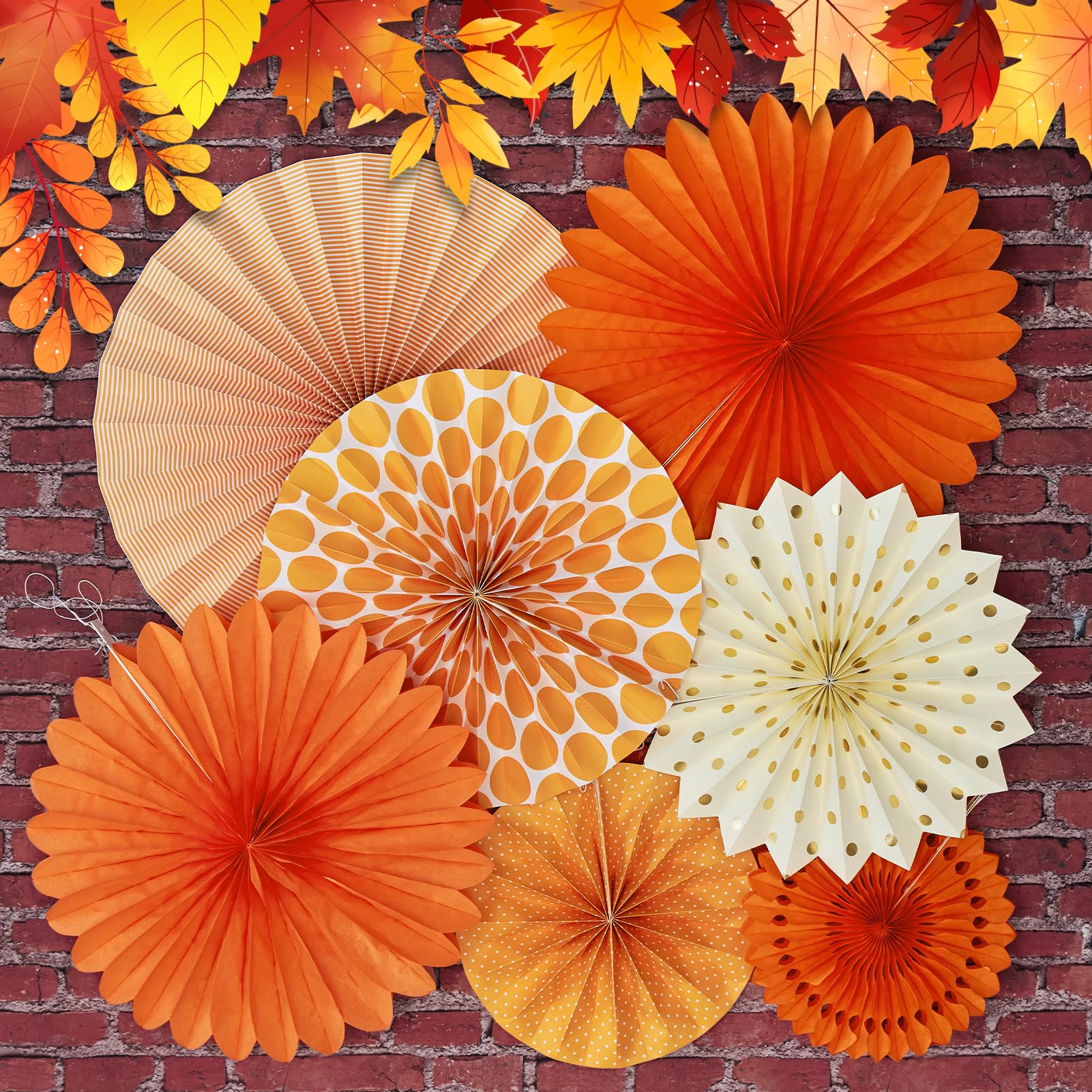 Herbst Dekoration Set – 9 Orange Papierfächer + 100 Künstliche Ahornblätter, Für Halloween, Thanksgiving, Hochzeit & Gartenparty