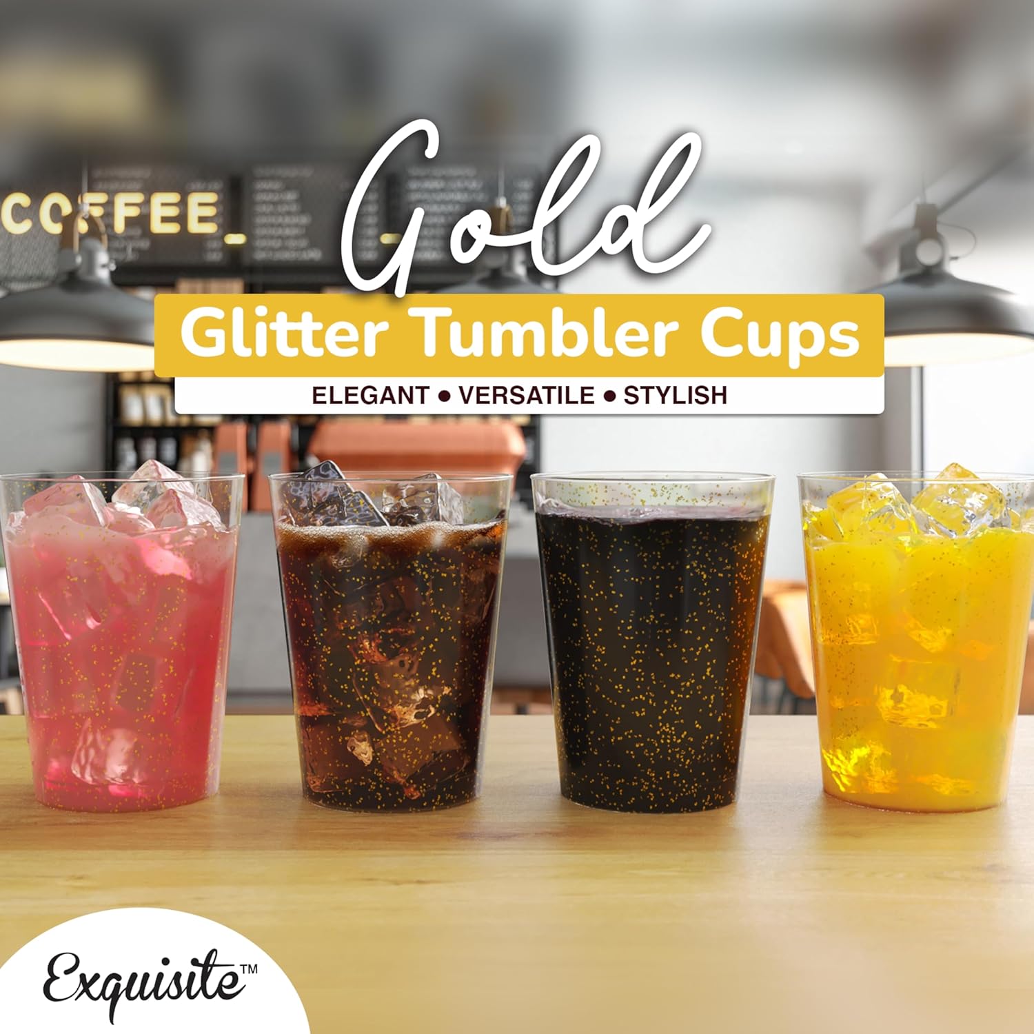 Exquisite Gold Plastic Cups Disposable, Clear Plastic Tumblers 10 Oz. 200 Ct. - Glitter Tumblers, Gold Glitter Cups Disposable For Party, Weddings, Cocktail Glasses & Wine Glasses