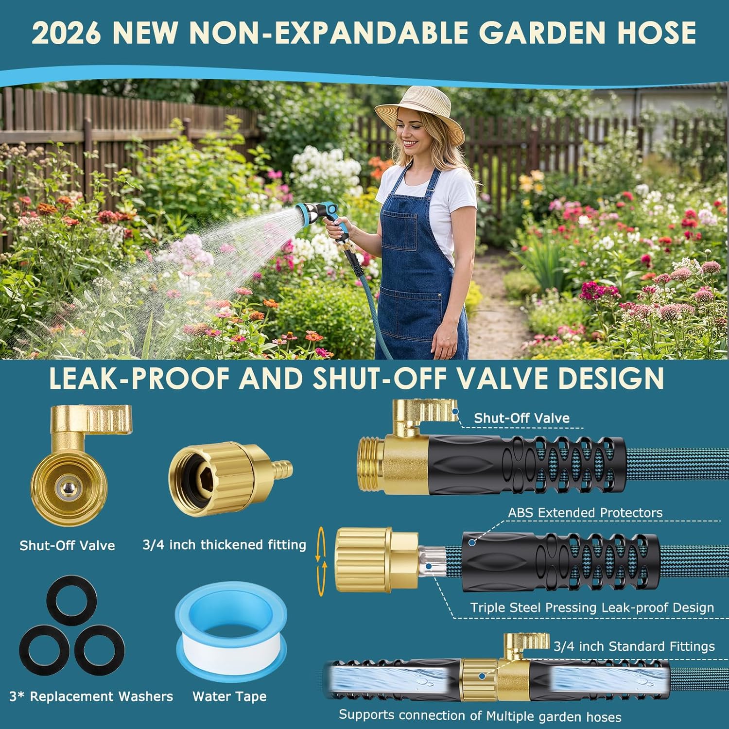 Garden Hose 100 ft Non-Expandable - Ultra Lightweight Super Flexible & Kink-Free Water Hose with Shut-Off Valve, 10-Pattern Nozzle & Holder, Leakproof Heavy Duty Hose for Yard Outdoor, Blue - Image 2