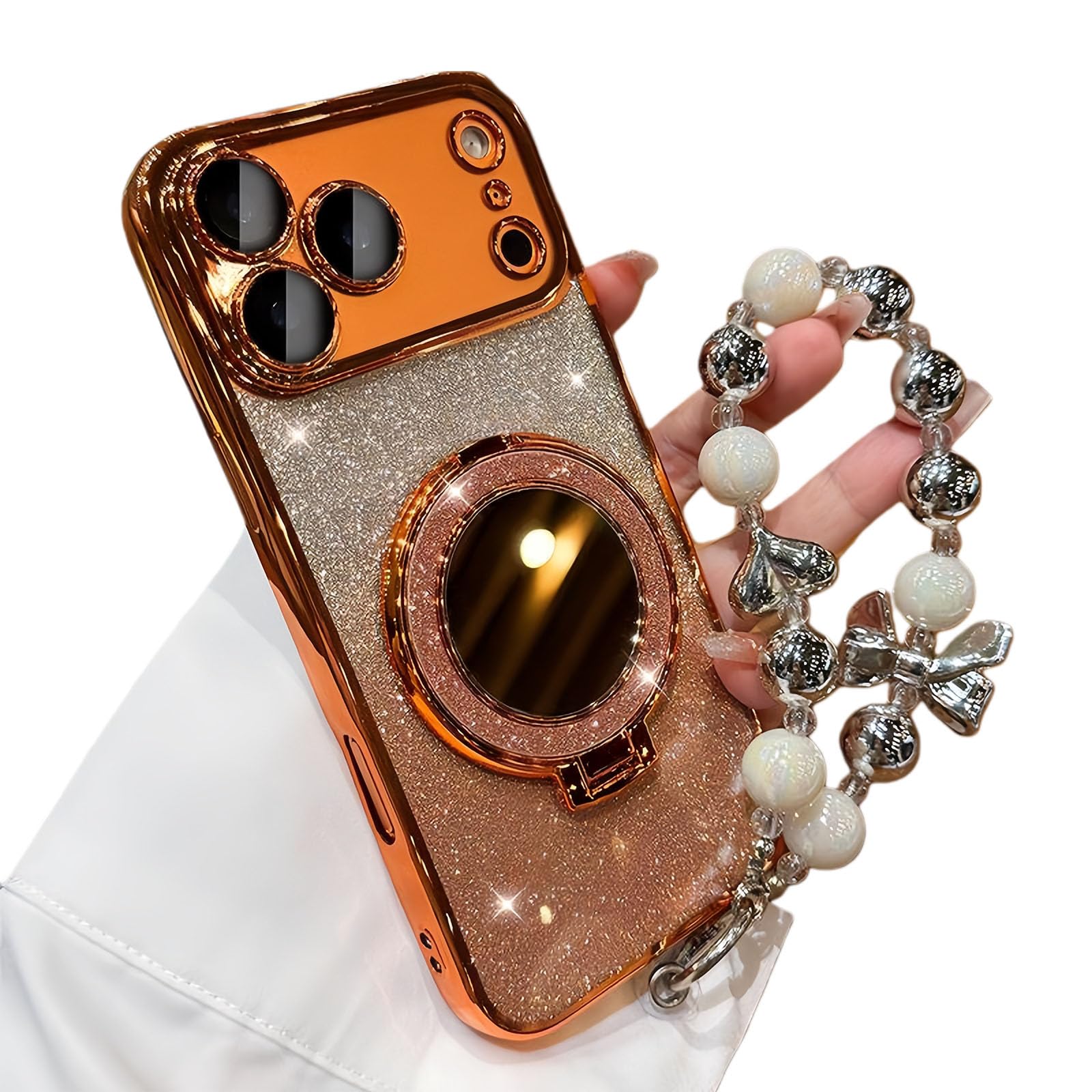 Sparkling Diamond damskie etui na telefon z lustrem i stojakiem do iPhone 12/13/14/15/16/17 Pro Max, 17air, błyszczące etui z kryształami górskimi, luksusowe etui z perłową smyczą dla kobiet (12 Pro