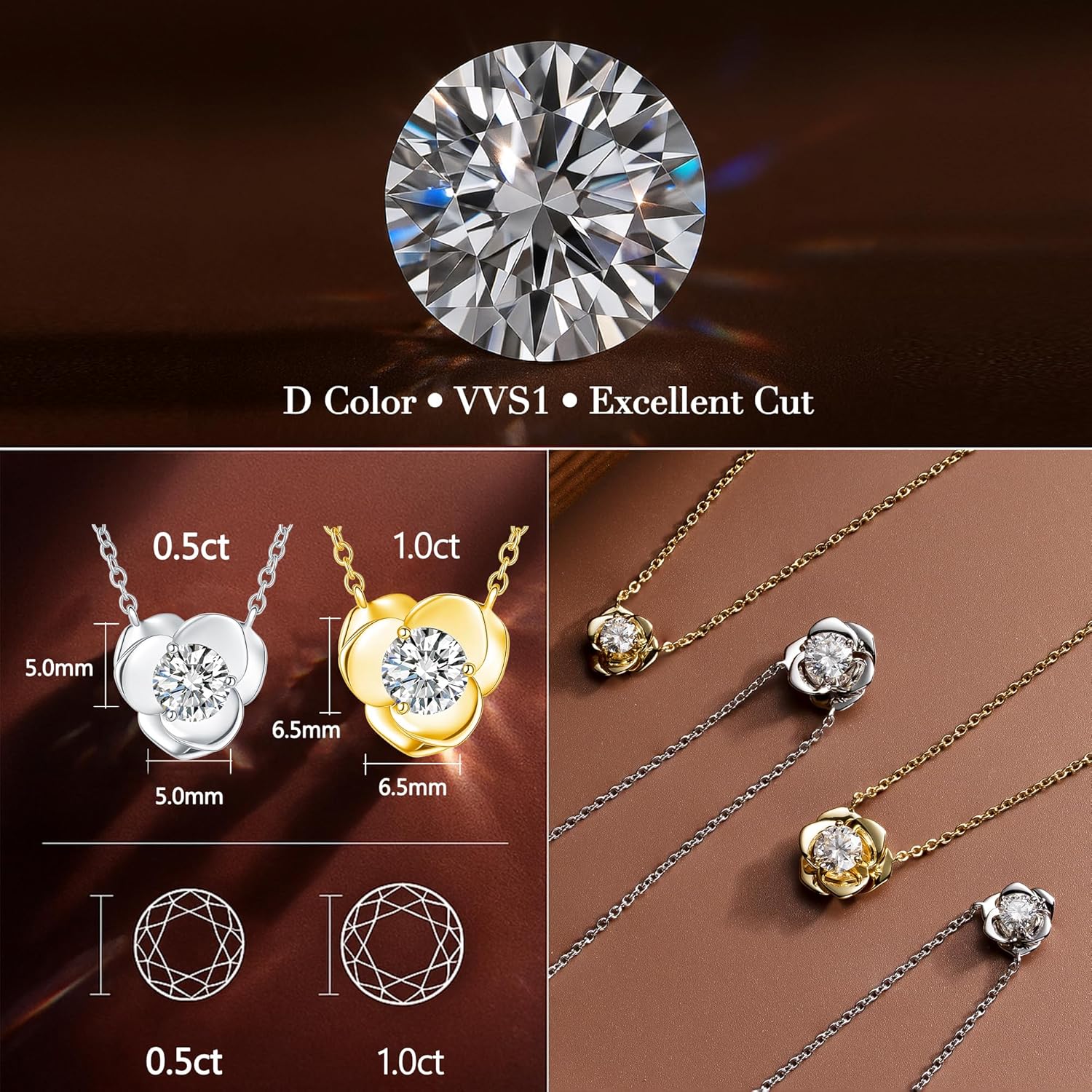 Impalsory Moissanite Rose Pendant Necklace for Women, 925 Sterling Silver 18K Gold Plated, D Color VVS1 Moissanite Stone, Hypoallergenic Jewelry with Chain, Gift Box Included - Image 2