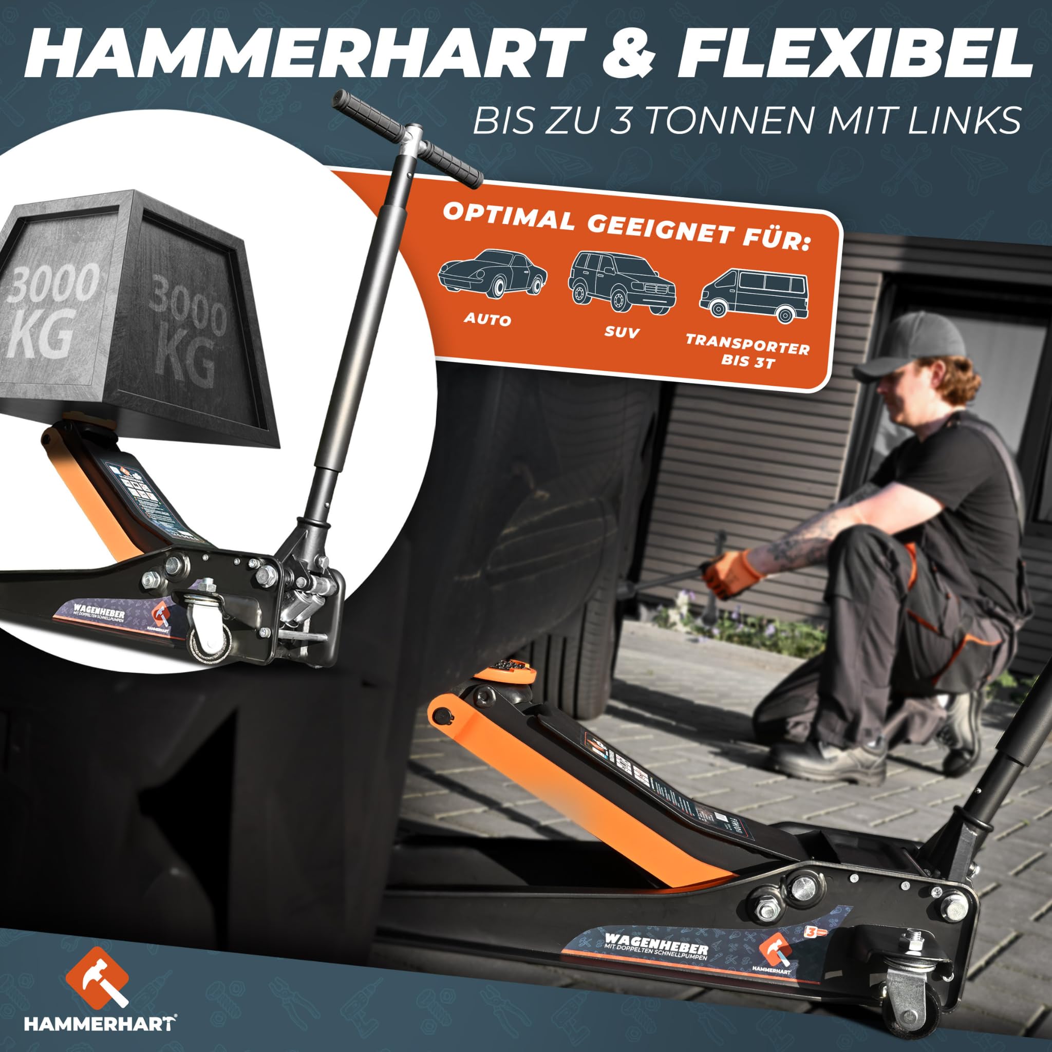 HAMMERHART - Hydraulischer Wagenheber 3T | [Testsieger] Rangierwagenheber mit 75-460mm Hubhöhe | Premium Wagenheber flach mit 360° Rollen & Doppelkolben | Jack mit Gummiauflage & T-Griff