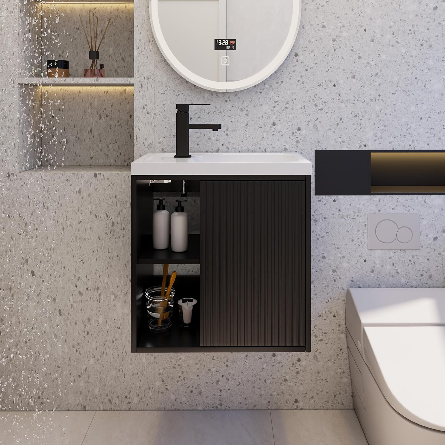 eclife 20" Floating Bathroom Vanity Sink Combo for Small Space, Wall-Mounted Guest Toilet Wash Basin Cabinet with Opening Shelf, Soft Closing Door, Black Painted