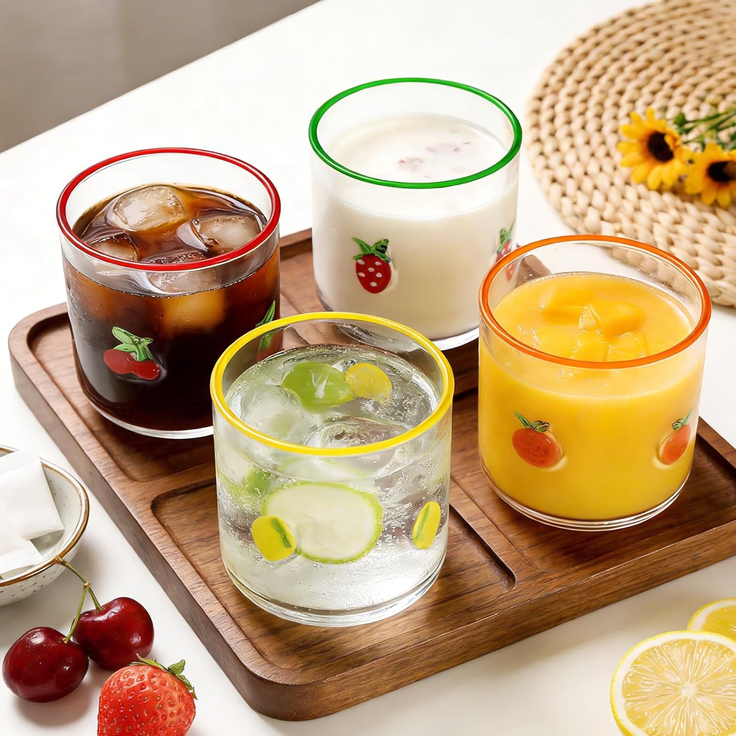 Whaline 4Pcs Fruit Icon Juice Glass 14 Oz Wine Glass Strawberry Lemon Cherry Orange Stemless Cocktail Drinking Cups for Home Party Favors Supplies