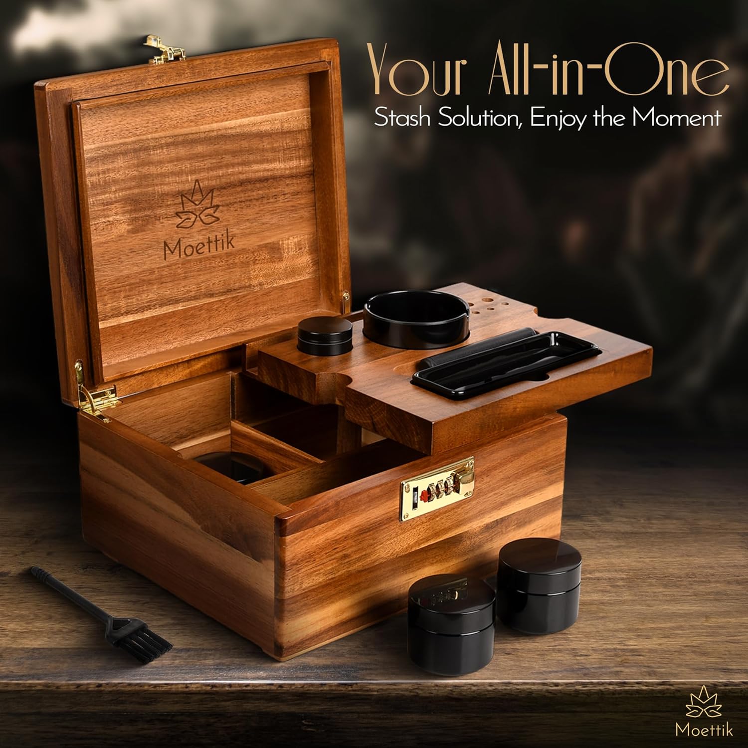 Premium Acacia Wood Storage Box with Combination Lock – Large Organizer with Removable Tray and Accessories-Upgraded Lock Brown