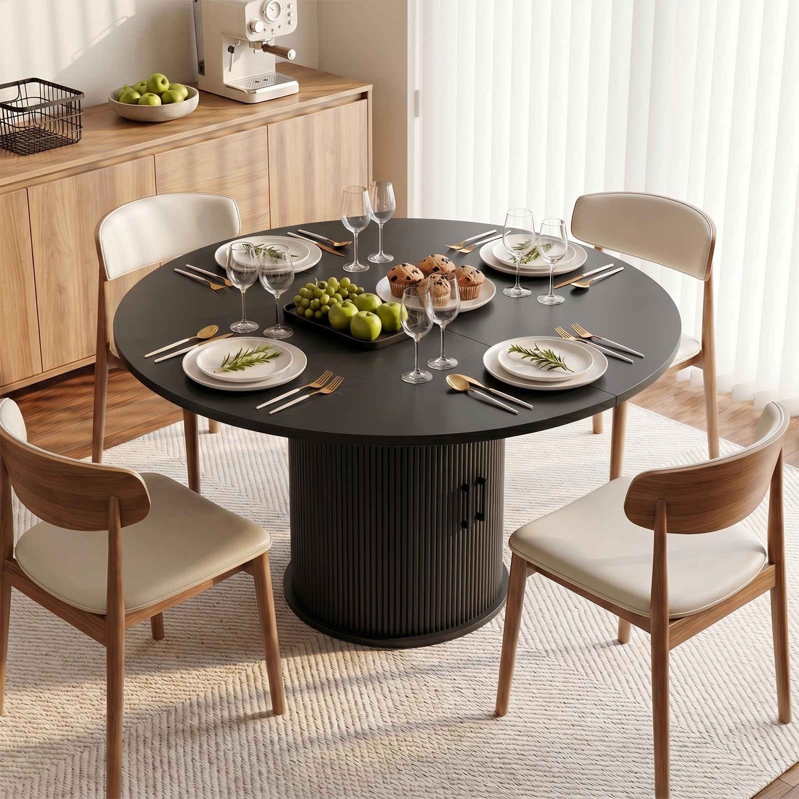 Table de salle à manger extensible ronde en bois massif pour 4 à 6 personnes - Design moderne - Gain de place - Parfaite pour la salle à manger et la cuisine