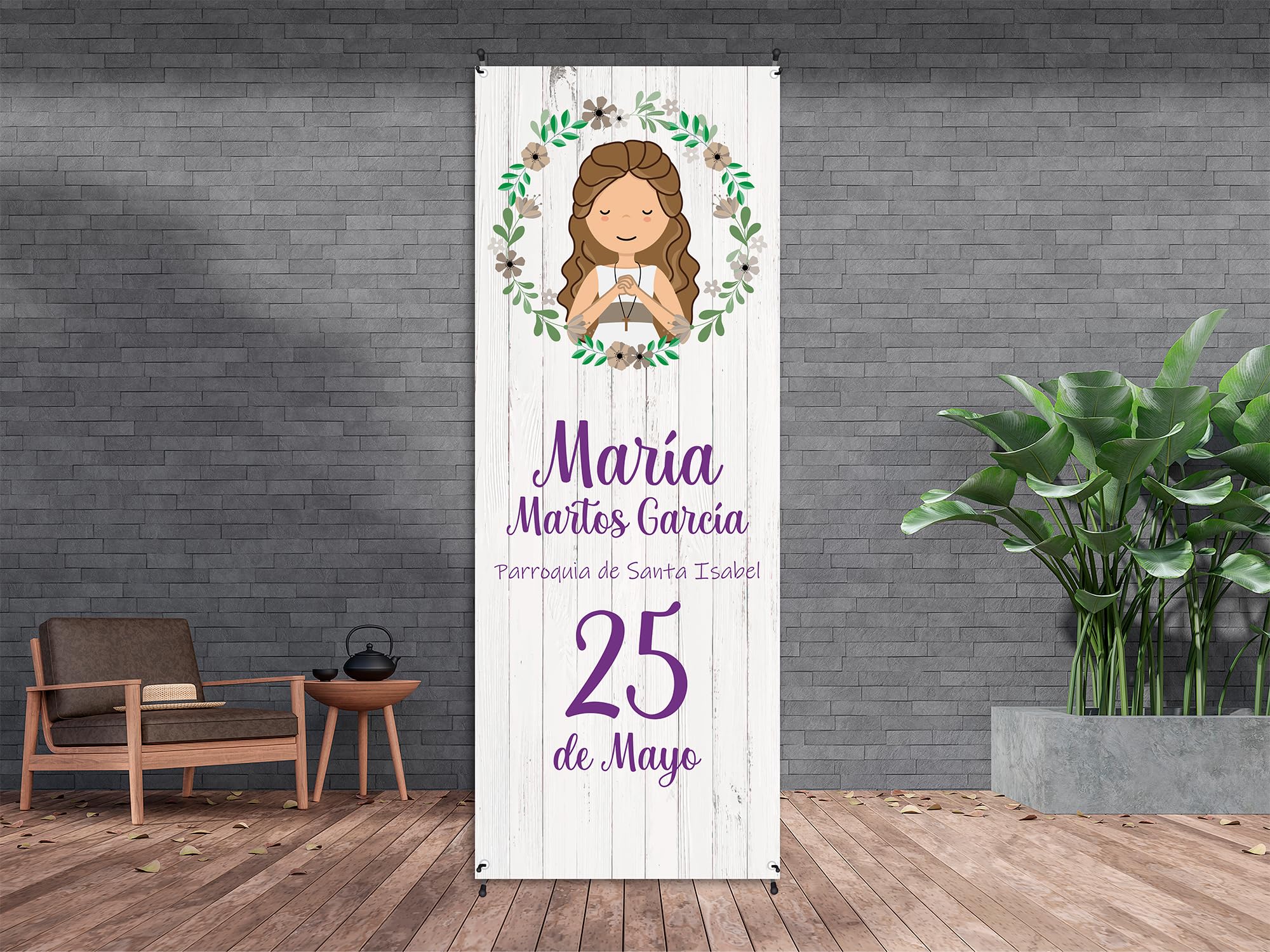 Oedim Xbanner Comunion Personalizada Imitacion Madera, 80x180cm, Fabricado en Lona con Soporte X Banner, Expositor Publicitario Desmontable