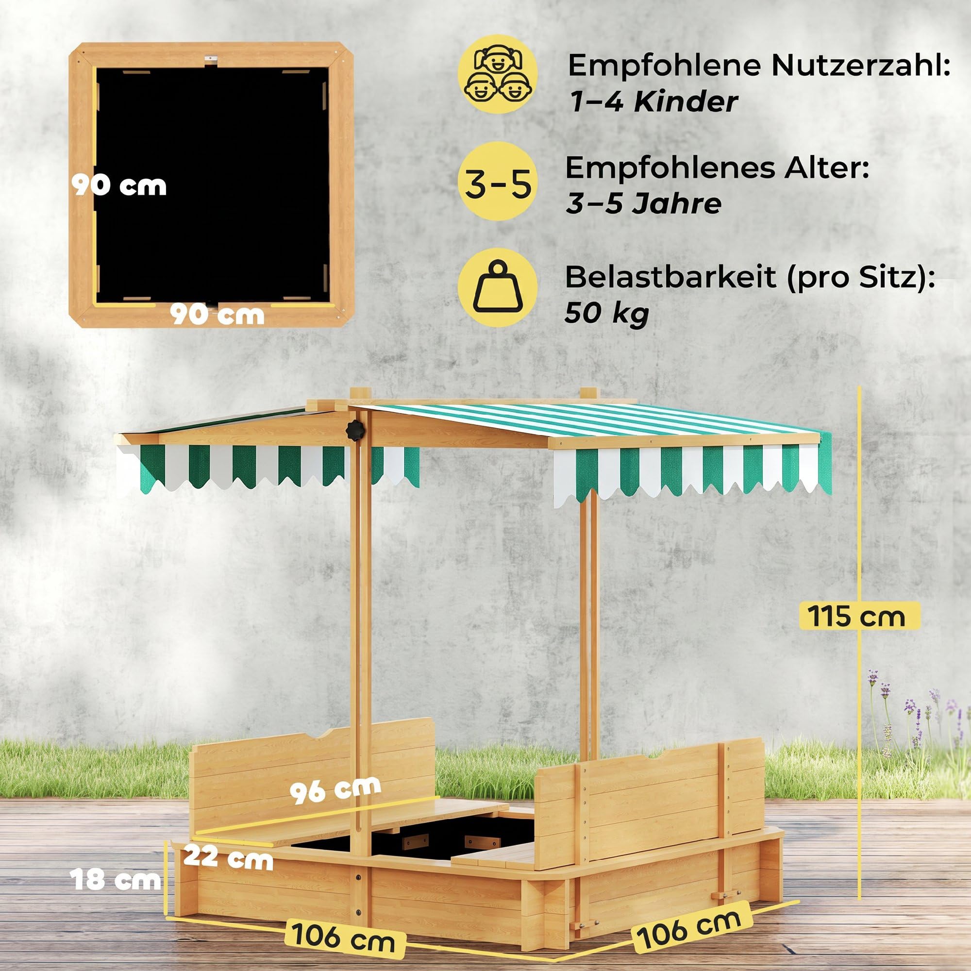 Outsunny Sandbox 106 x 106 cm per bambini con copertura regolabile in altezza, sabbiera in legno con panche schienale per esterni, giardino, terrazza, balcone