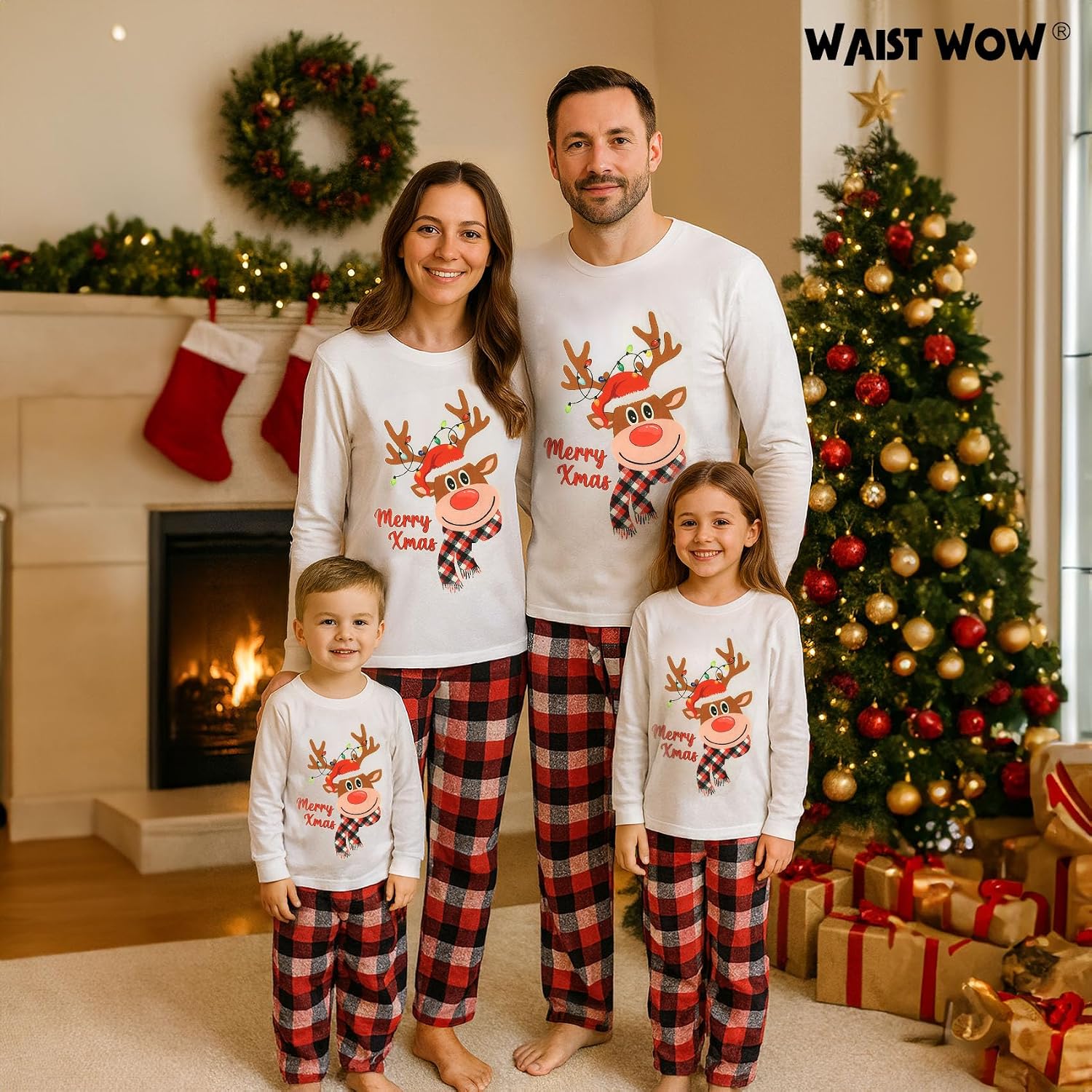 Waist Wow Christmas Family Matching Holiday Outfit with Pet Set Funny Print Top and Plaid Pants Xmas Family Home Wear Sets
