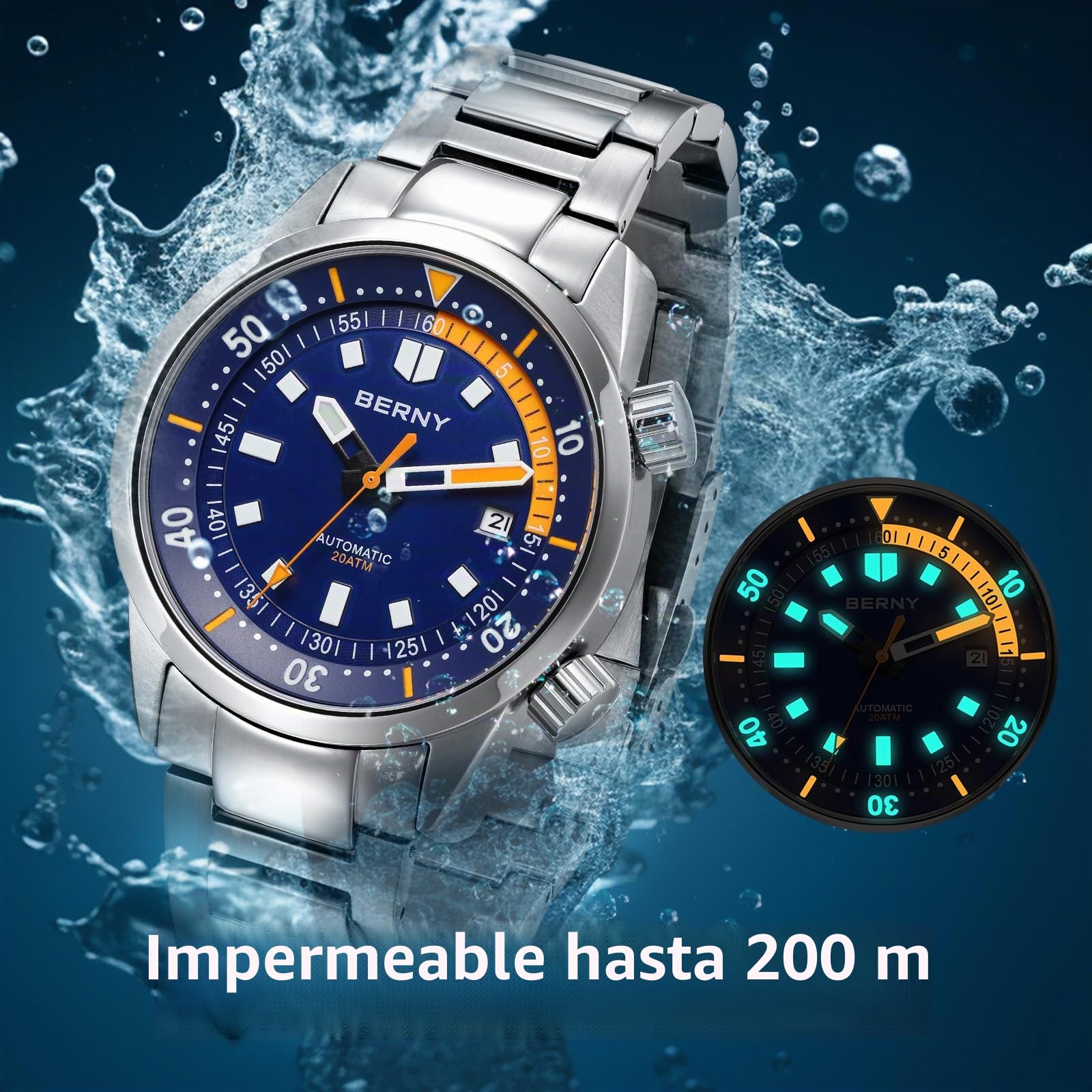 BERNY Reloj Automático para Hombres Sumergible 20 ATM Mecánico con Vidrio de Zafiro, Cómoda Correa de Acero Inoxidable y Súper Luminoso