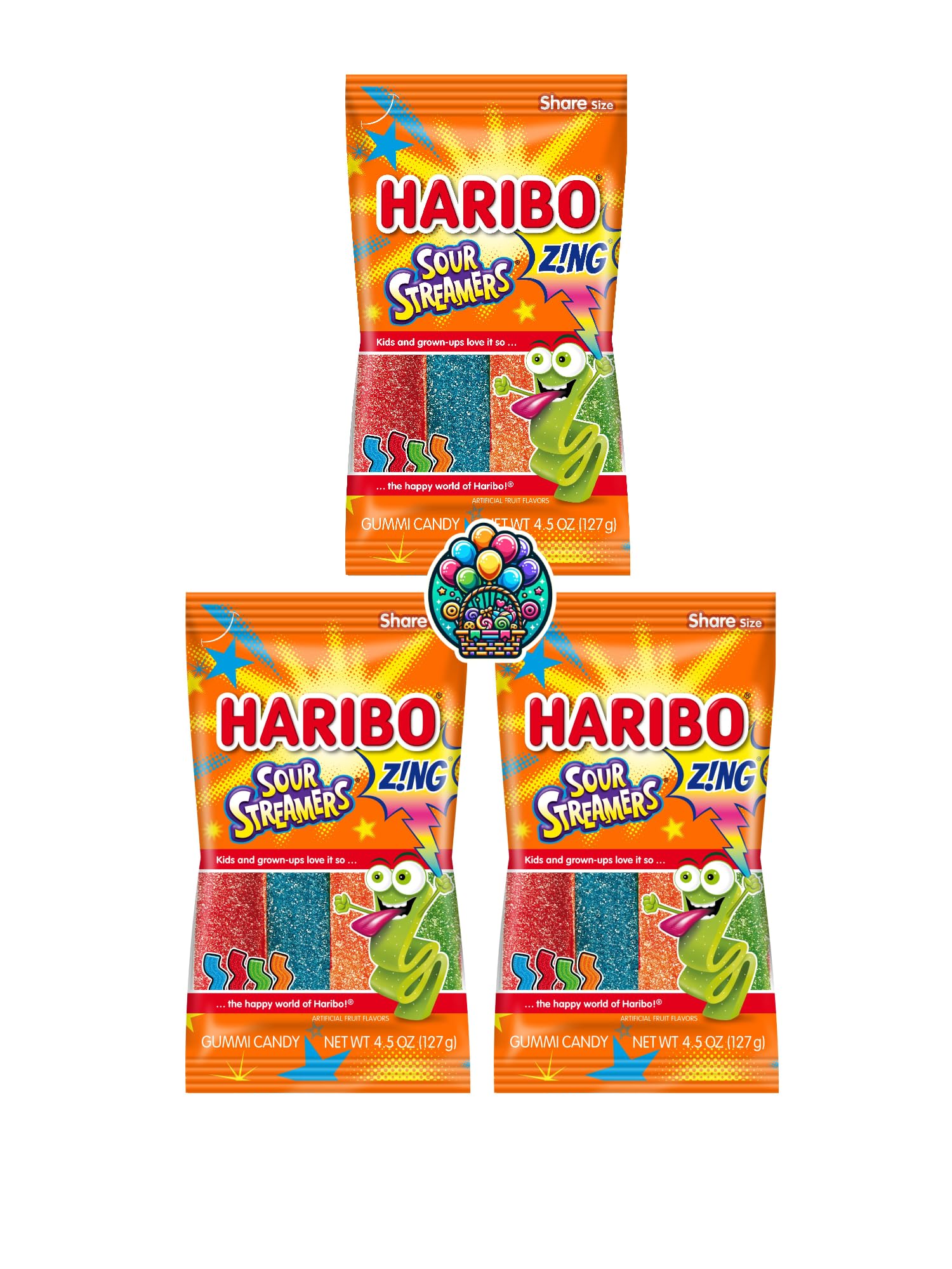 ZING Sour Streamers Gummy Candy - 4.5oz (Pack of 3) Share Size Peg Bags in a NikAn Supplies Bag