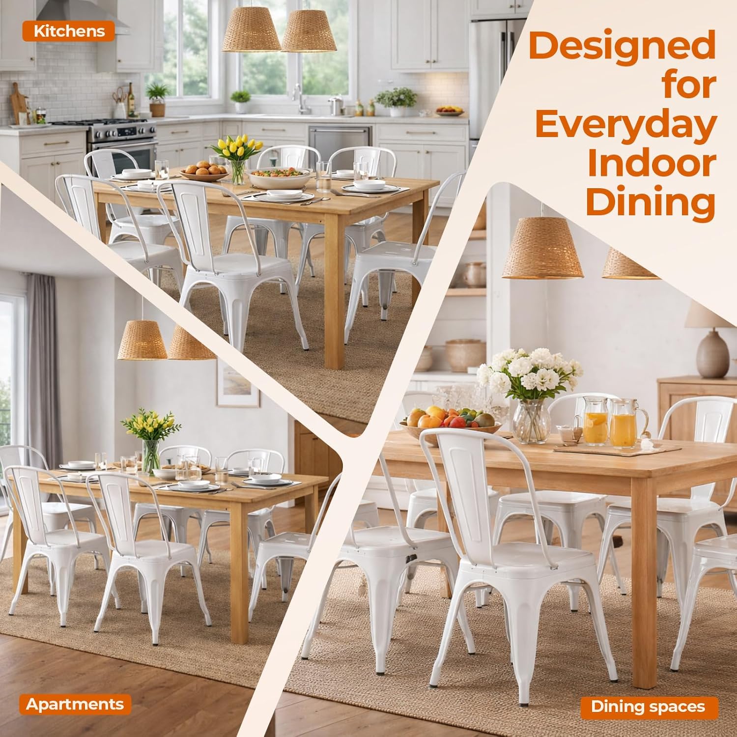 Metal Dining Chairs Set of 4 Stackable Industrial Vintage Style Farmhouse Kitchen Cafe Indoor Outdoor Arctic White