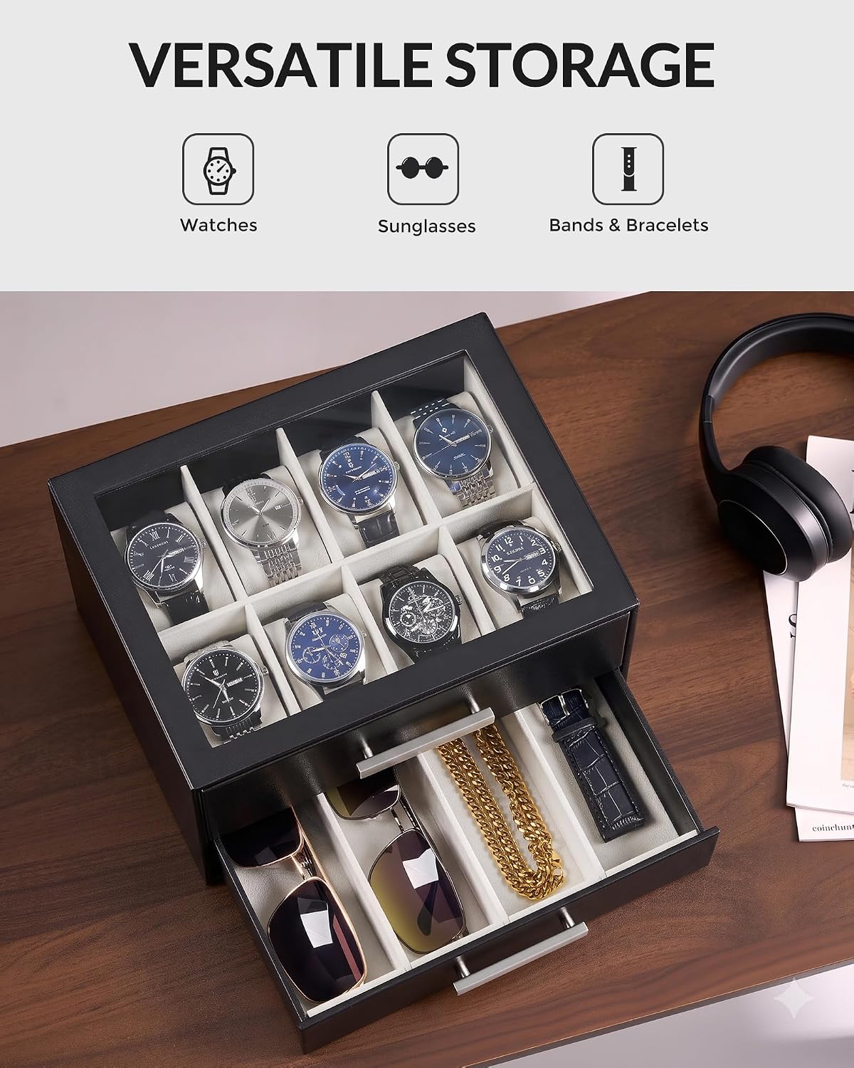ProCase 8-Slot Watch Case for Men, 2-Tier Pull-Out Drawers Sunglasses Box